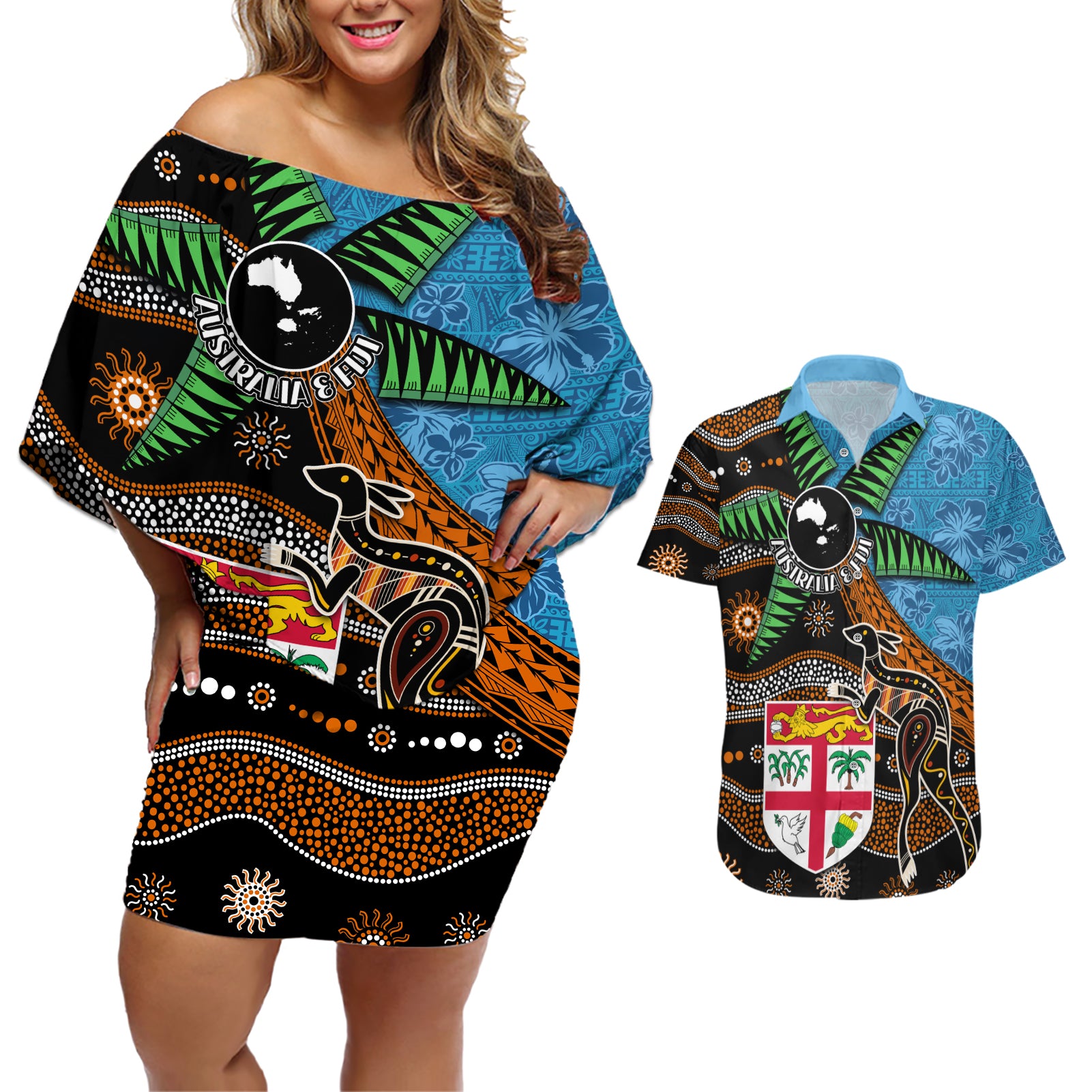 Fiji and Australia Couples Matching Off Shoulder Short Dress and Hawaiian Shirt Fijian and Aboriginal mix Culture