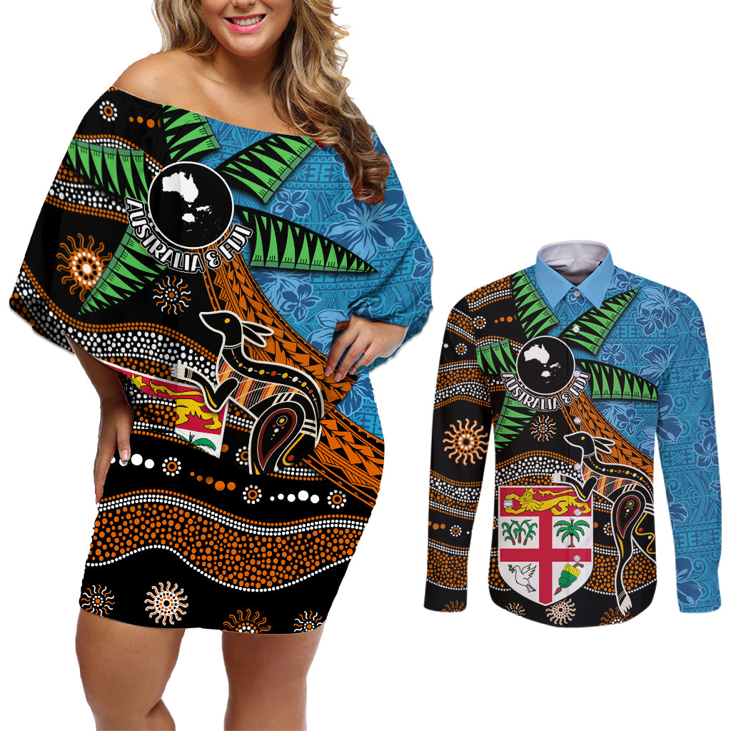 Fiji and Australia Couples Matching Off Shoulder Short Dress and Long Sleeve Button Shirt Fijian and Aboriginal mix Culture