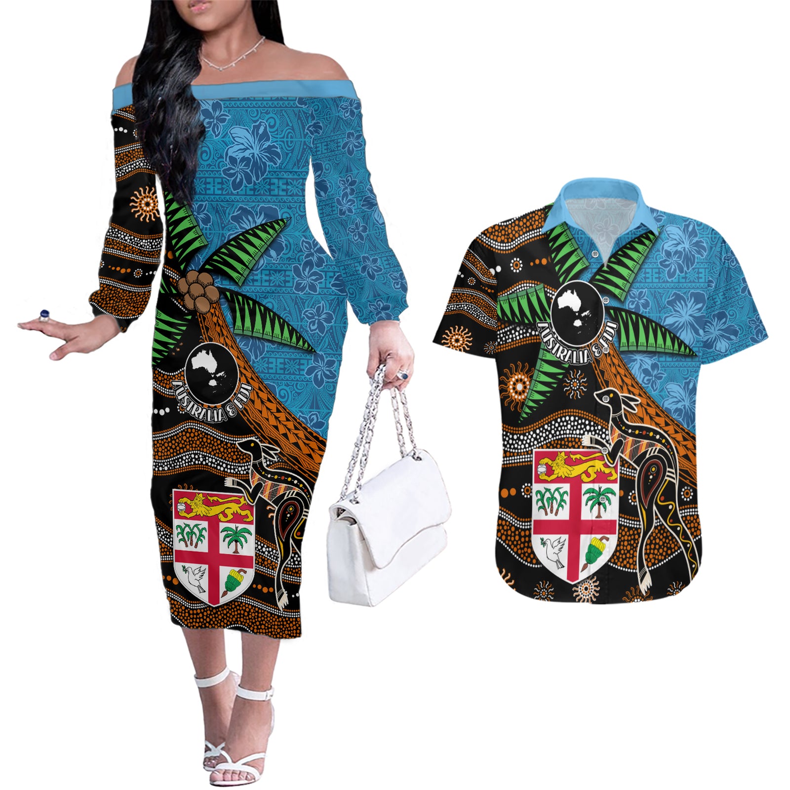 Fiji and Australia Couples Matching Off The Shoulder Long Sleeve Dress and Hawaiian Shirt Fijian and Aboriginal mix Culture