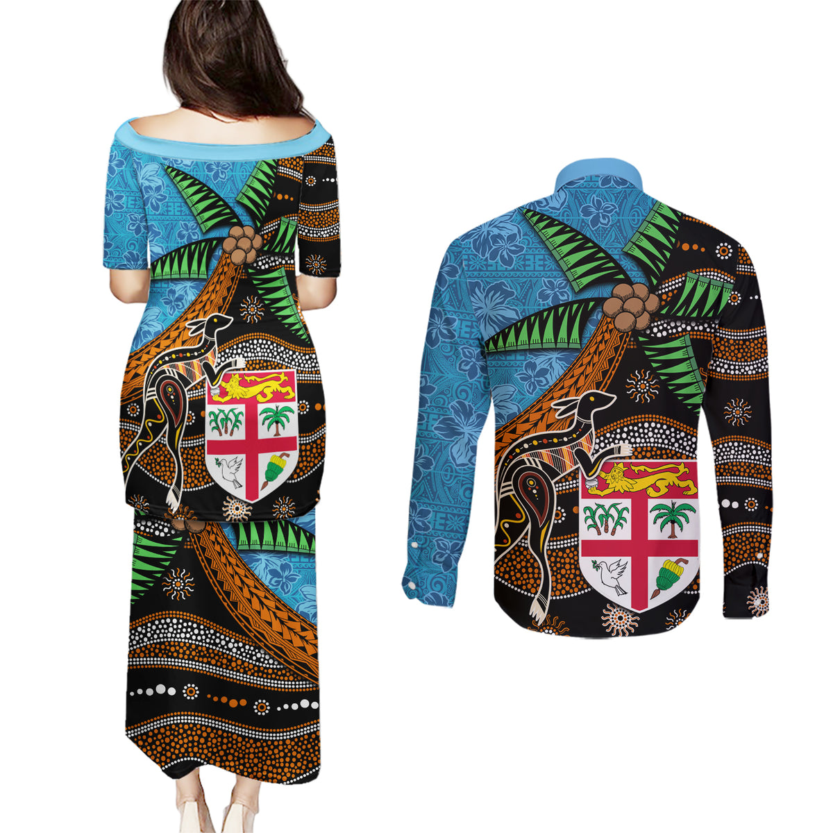 Fiji and Australia Couples Matching Puletasi and Long Sleeve Button Shirt Fijian and Aboriginal mix Culture