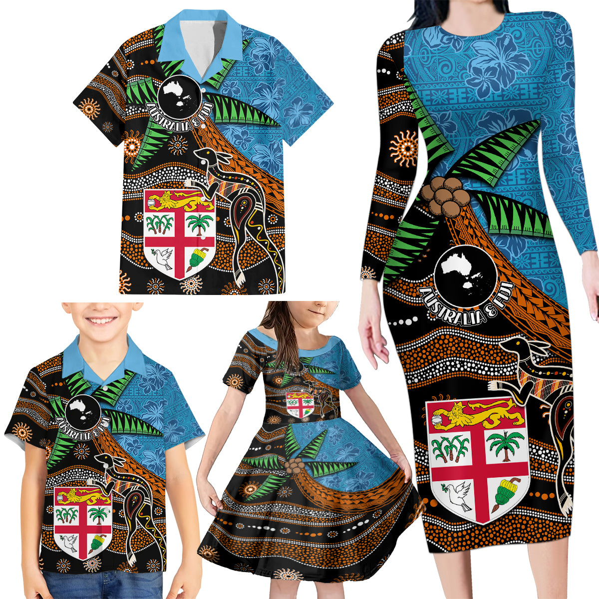 Fiji and Australia Family Matching Long Sleeve Bodycon Dress and Hawaiian Shirt Fijian and Aboriginal mix Culture