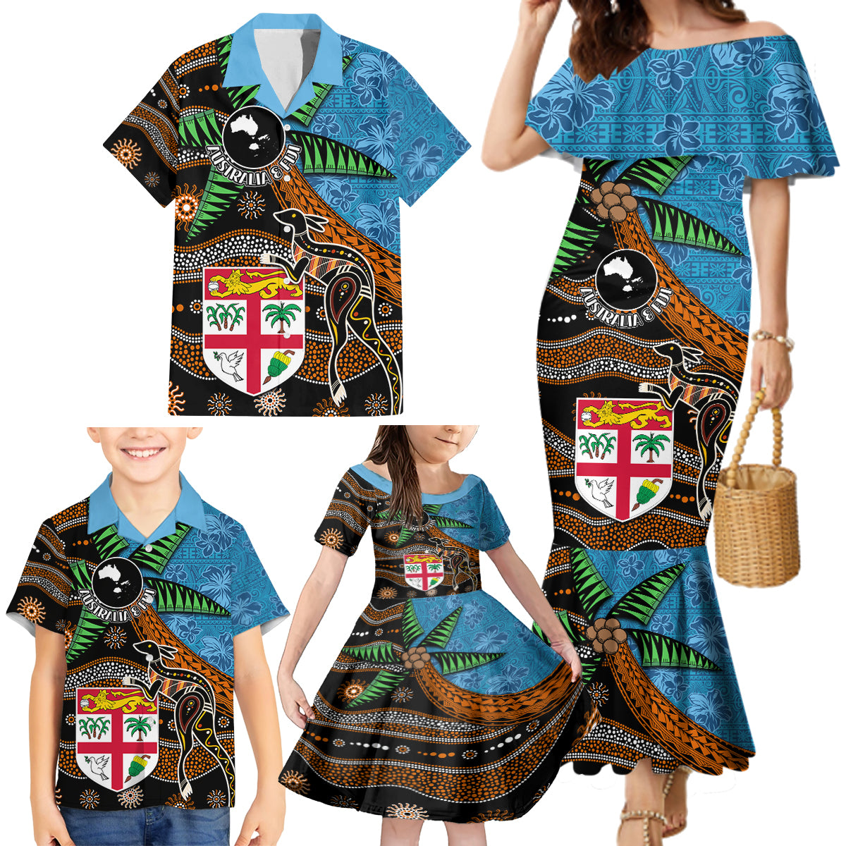 Fiji and Australia Family Matching Mermaid Dress and Hawaiian Shirt Fijian and Aboriginal mix Culture