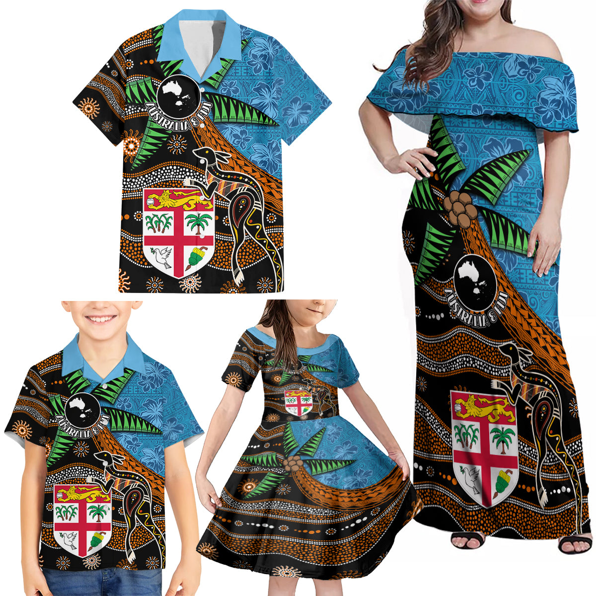 Fiji and Australia Family Matching Off Shoulder Maxi Dress and Hawaiian Shirt Fijian and Aboriginal mix Culture