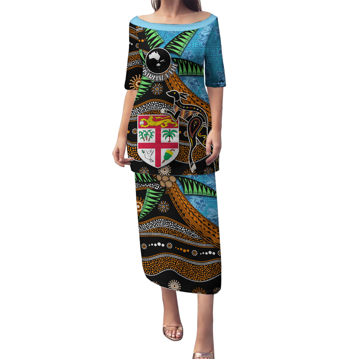 Fiji and Australia Family Matching Puletasi and Hawaiian Shirt Fijian and Aboriginal mix Culture