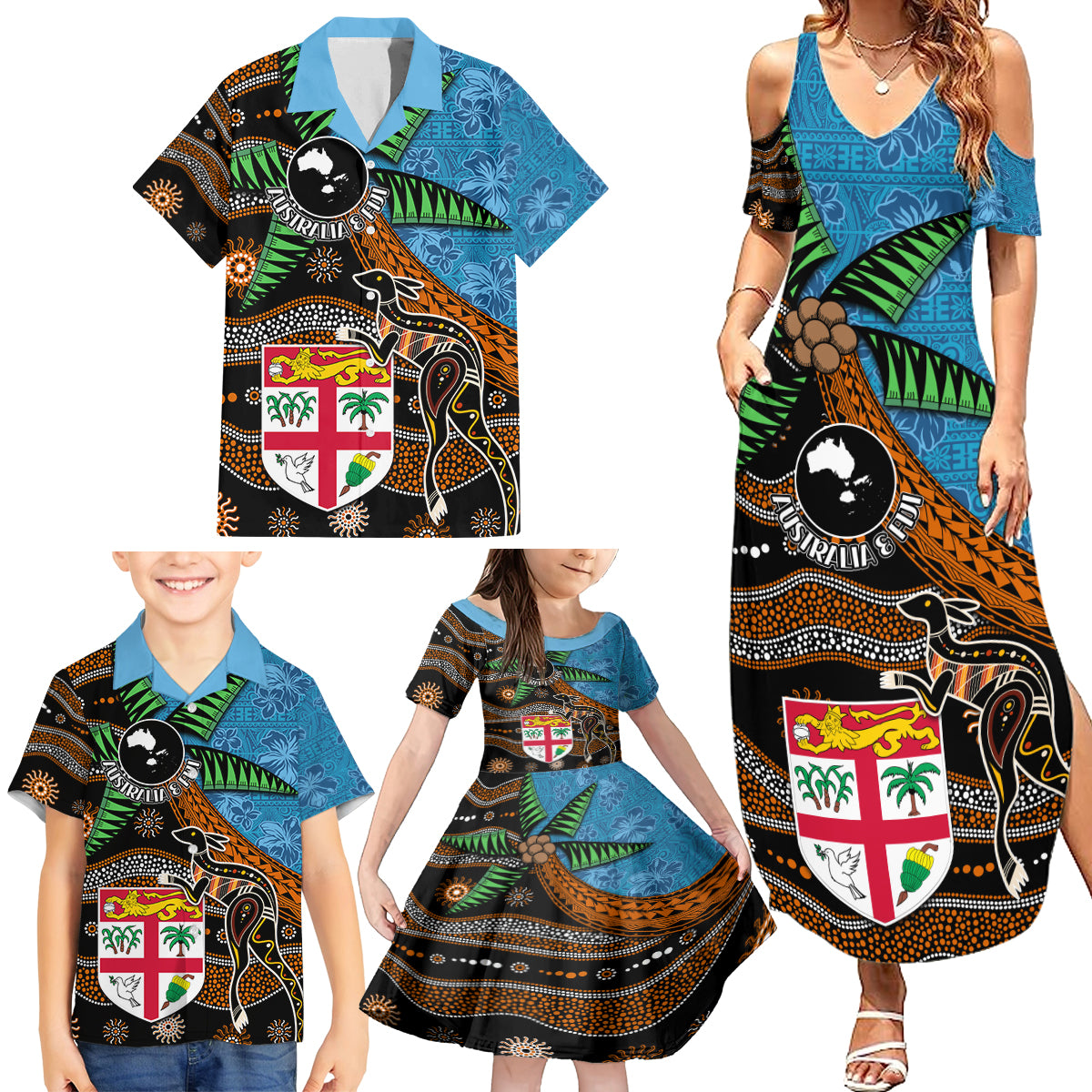 Fiji and Australia Family Matching Summer Maxi Dress and Hawaiian Shirt Fijian and Aboriginal mix Culture