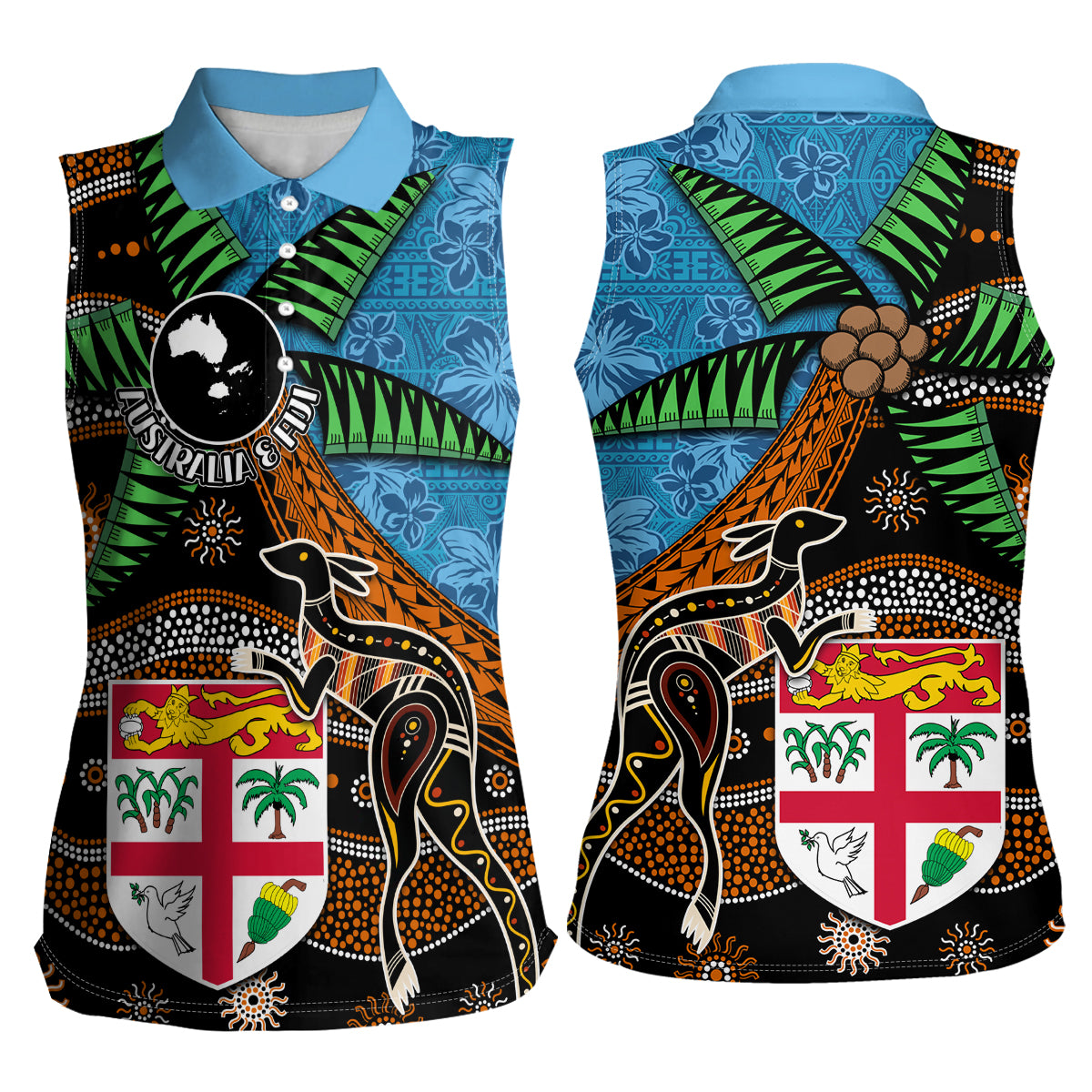 Fiji and Australia Women Sleeveless Polo Shirt Fijian and Aboriginal mix Culture