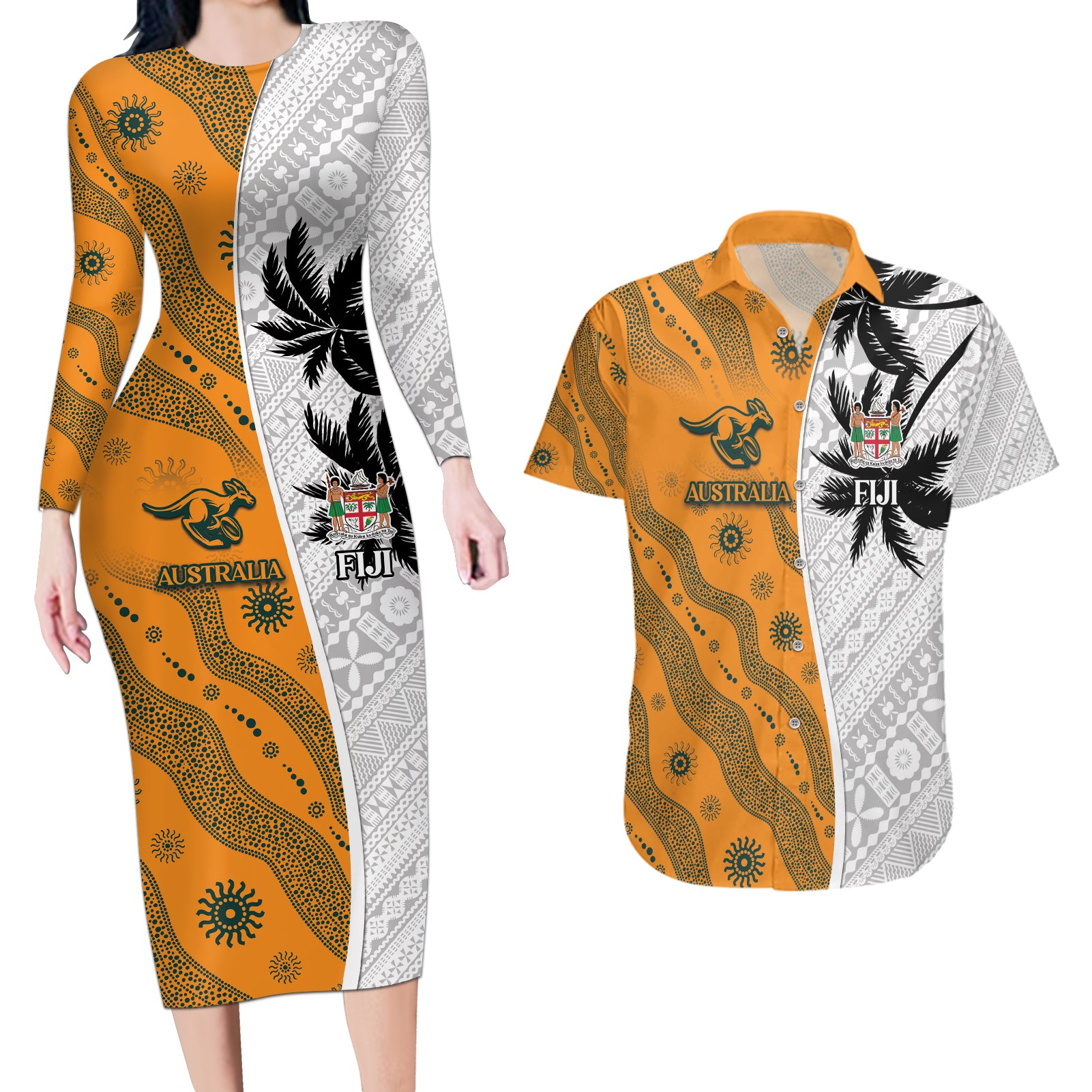 Custom Fiji and Australia Rugby Couples Matching Long Sleeve Bodycon Dress and Hawaiian Shirt Tapa Mix Aboriginal Pattern Half Style