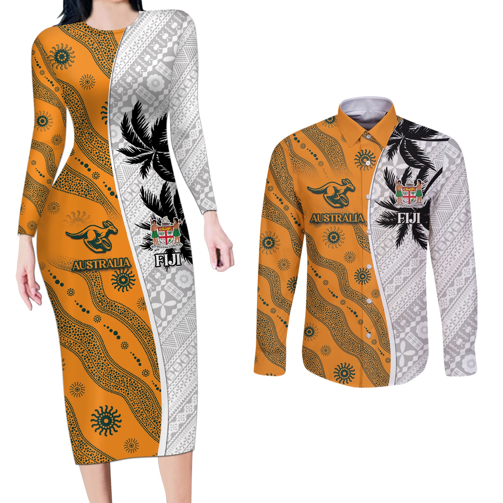 Custom Fiji and Australia Rugby Couples Matching Long Sleeve Bodycon Dress and Long Sleeve Button Shirt Tapa Mix Aboriginal Pattern Half Style