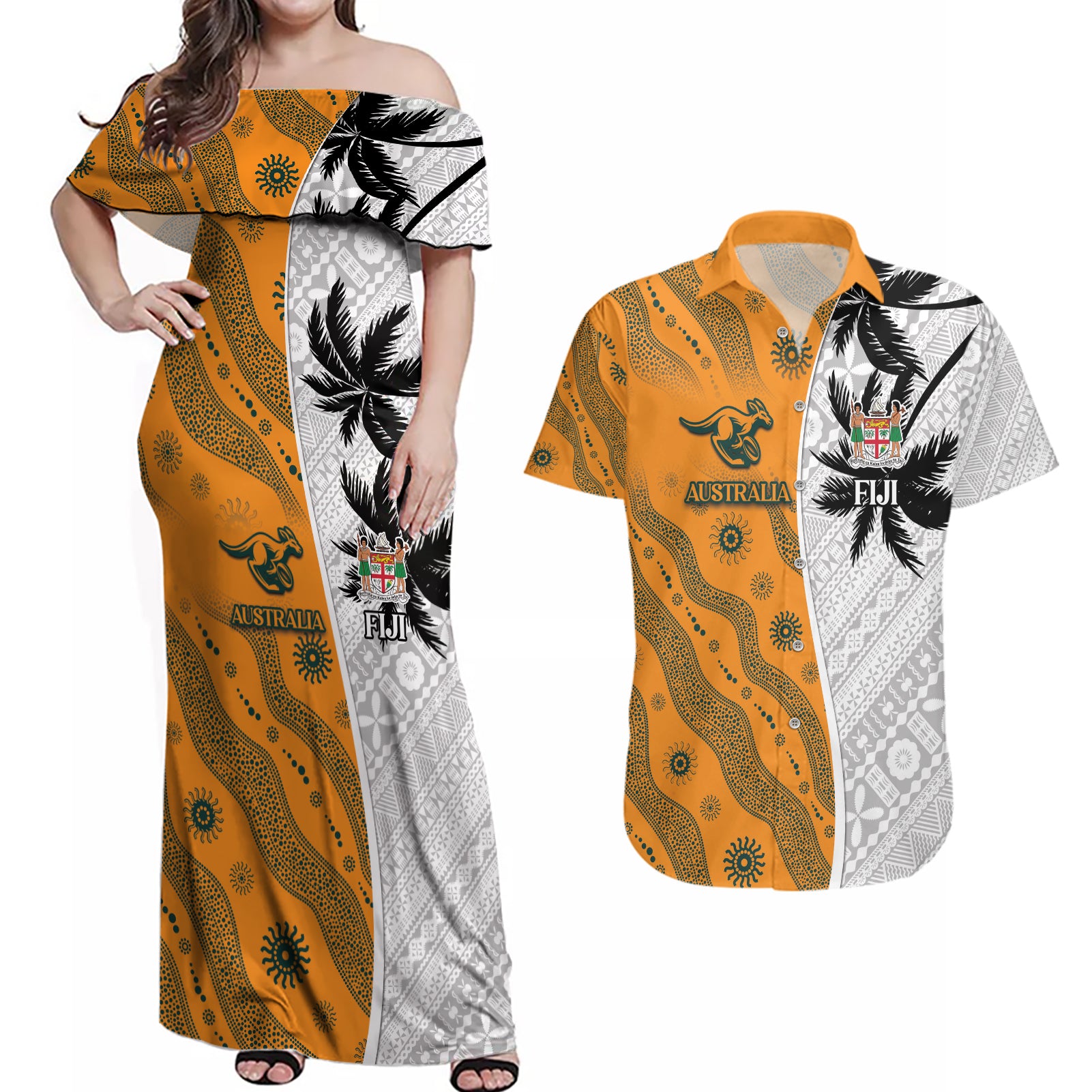 Custom Fiji and Australia Rugby Couples Matching Off Shoulder Maxi Dress and Hawaiian Shirt Tapa Mix Aboriginal Pattern Half Style