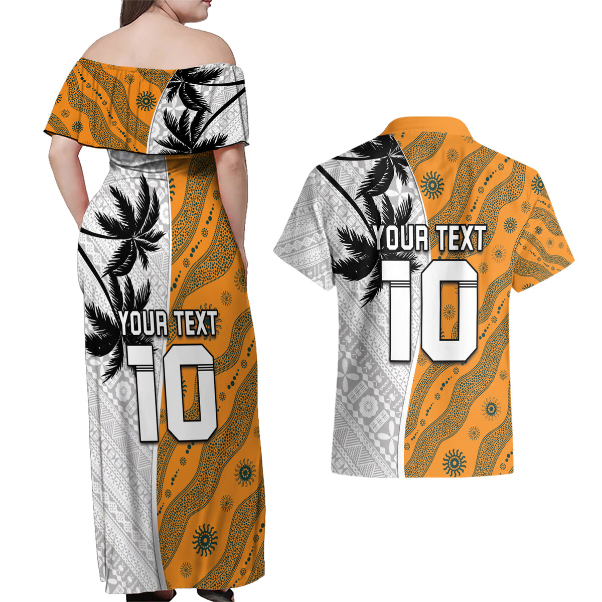 Custom Fiji and Australia Rugby Couples Matching Off Shoulder Maxi Dress and Hawaiian Shirt Tapa Mix Aboriginal Pattern Half Style