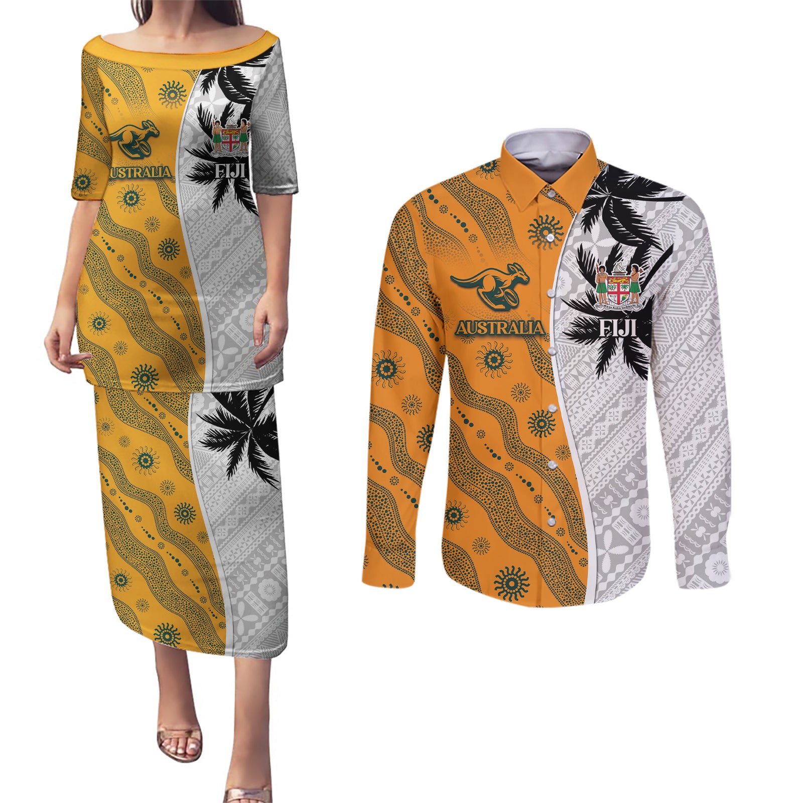 Custom Fiji and Australia Rugby Couples Matching Puletasi and Long Sleeve Button Shirt Tapa Mix Aboriginal Pattern Half Style