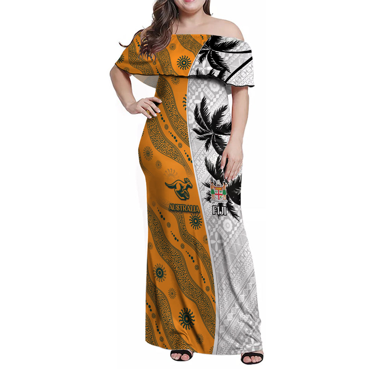 Custom Fiji and Australia Rugby Family Matching Off Shoulder Maxi Dress and Hawaiian Shirt Tapa Mix Aboriginal Pattern Half Style