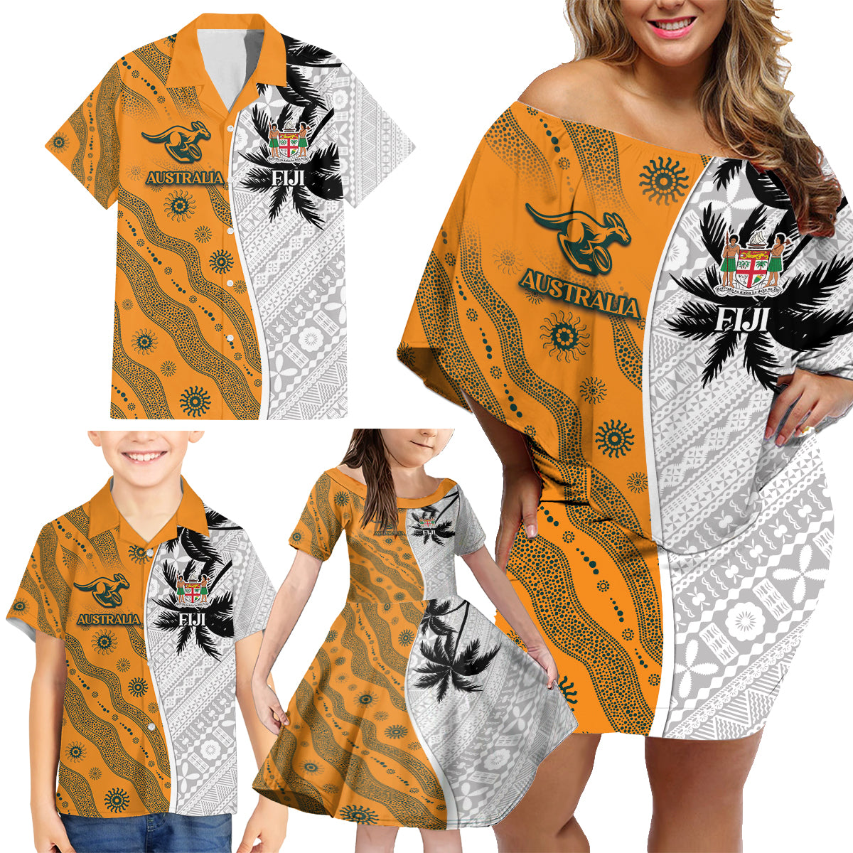 Custom Fiji and Australia Rugby Family Matching Off Shoulder Short Dress and Hawaiian Shirt Tapa Mix Aboriginal Pattern Half Style