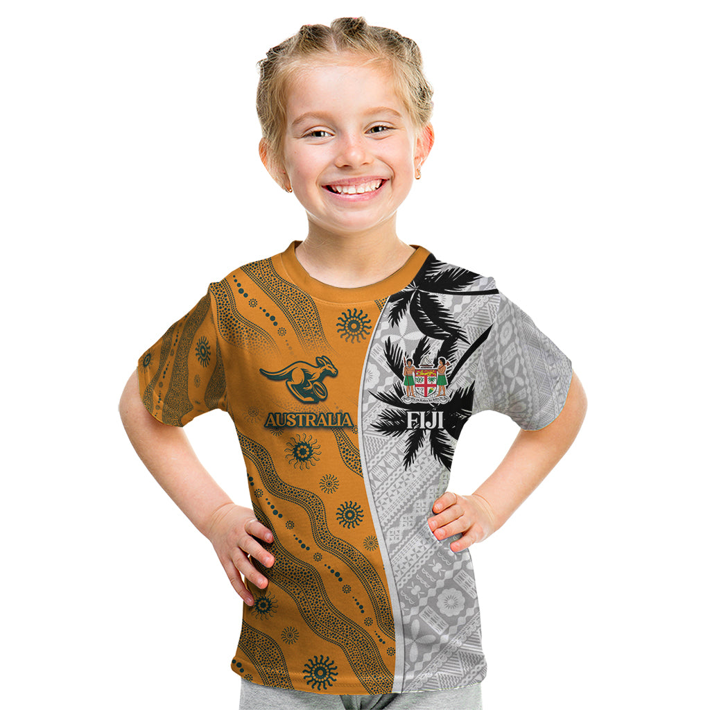 Custom Fiji and Australia Rugby Kid T Shirt Tapa Mix Aboriginal Pattern Half Style