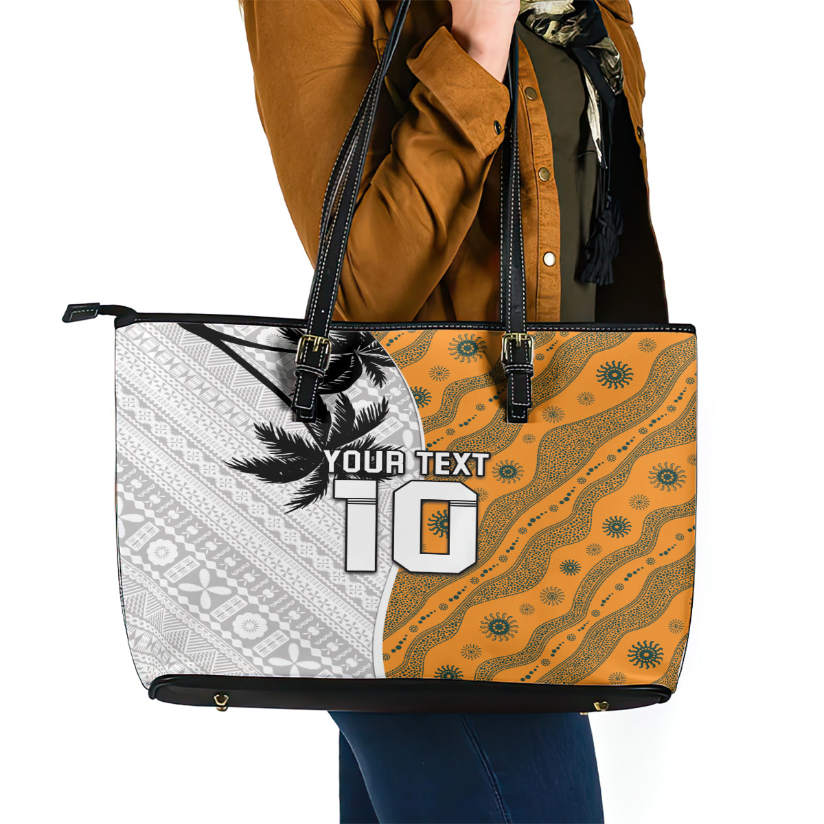 Custom Fiji and Australia Rugby Leather Tote Bag Tapa Mix Aboriginal Pattern Half Style