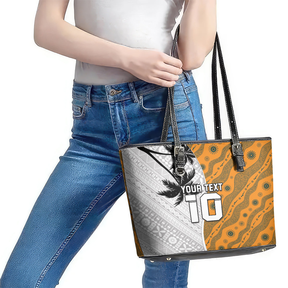 Custom Fiji and Australia Rugby Leather Tote Bag Tapa Mix Aboriginal Pattern Half Style