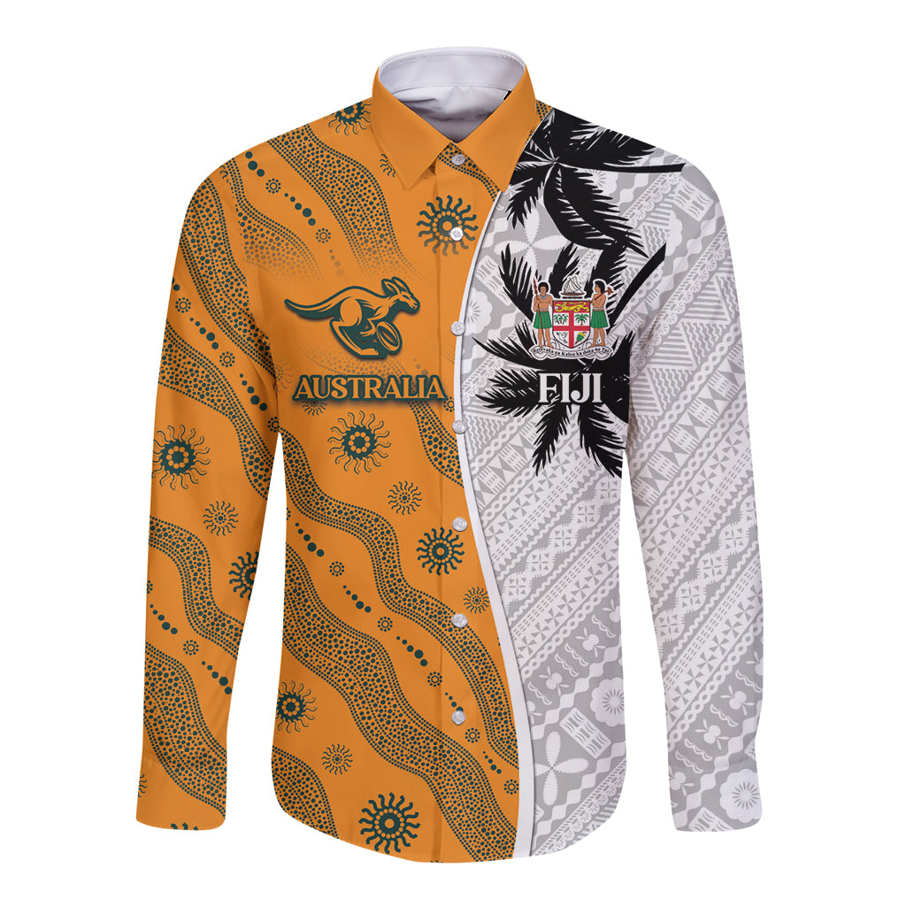 Custom Fiji and Australia Rugby Long Sleeve Button Shirt Tapa Mix Aboriginal Pattern Half Style