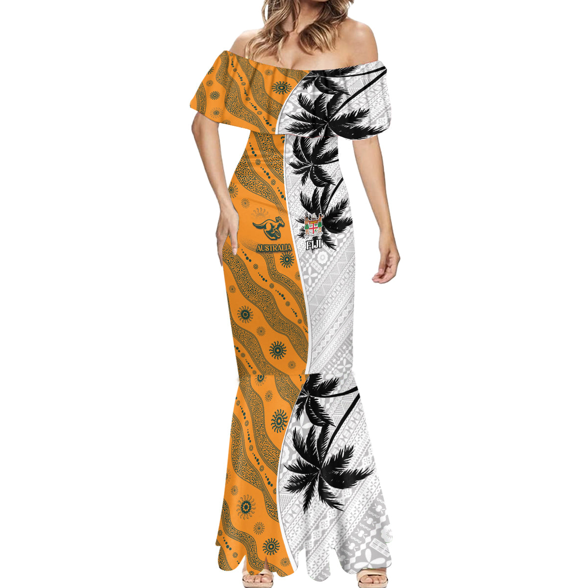 Custom Fiji and Australia Rugby Mermaid Dress Tapa Mix Aboriginal Pattern Half Style