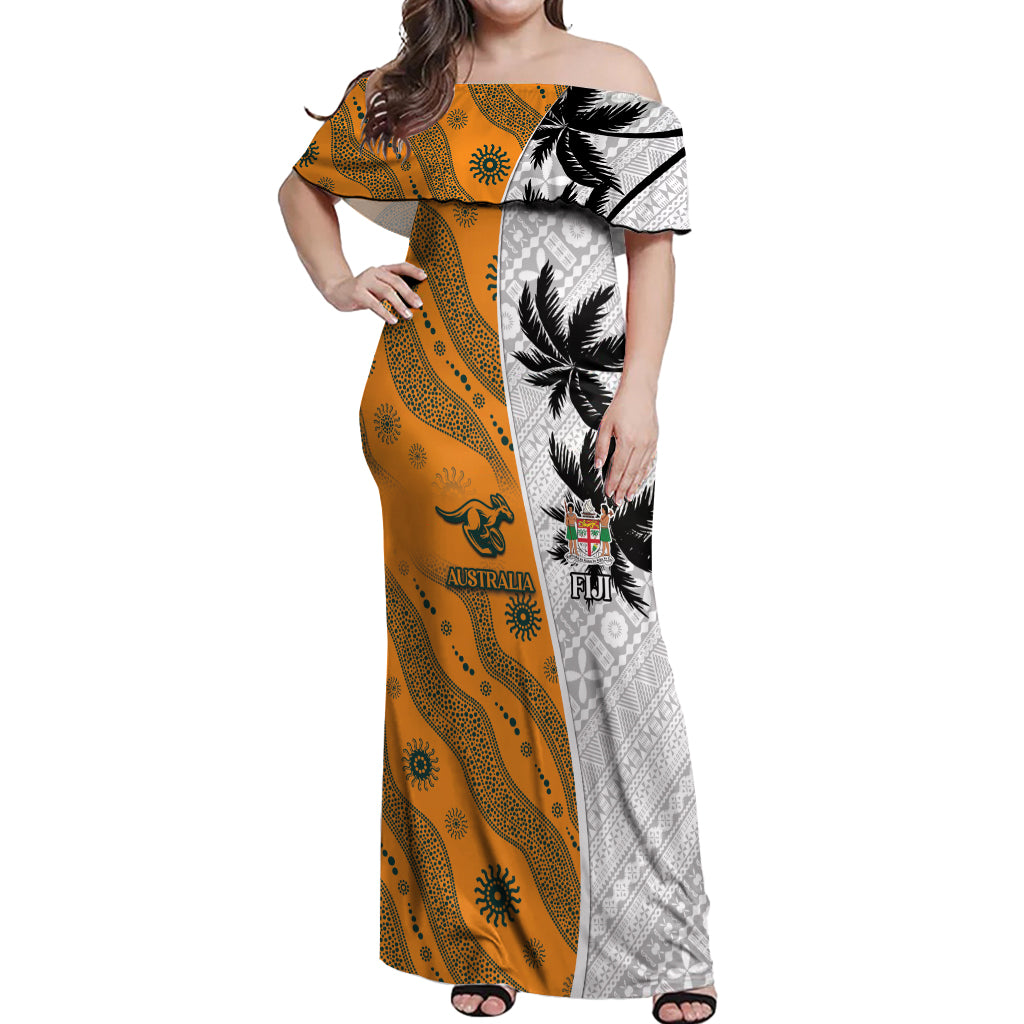 Custom Fiji and Australia Rugby Off Shoulder Maxi Dress Tapa Mix Aboriginal Pattern Half Style