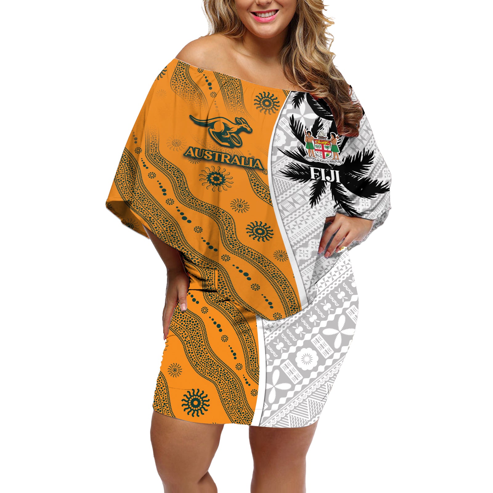 Custom Fiji and Australia Rugby Off Shoulder Short Dress Tapa Mix Aboriginal Pattern Half Style