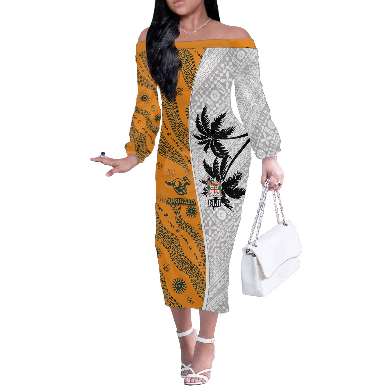 Custom Fiji and Australia Rugby Off The Shoulder Long Sleeve Dress Tapa Mix Aboriginal Pattern Half Style