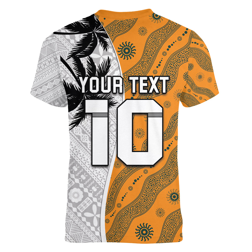 Custom Fiji and Australia Rugby Women V-Neck T-Shirt Tapa Mix Aboriginal Pattern Half Style