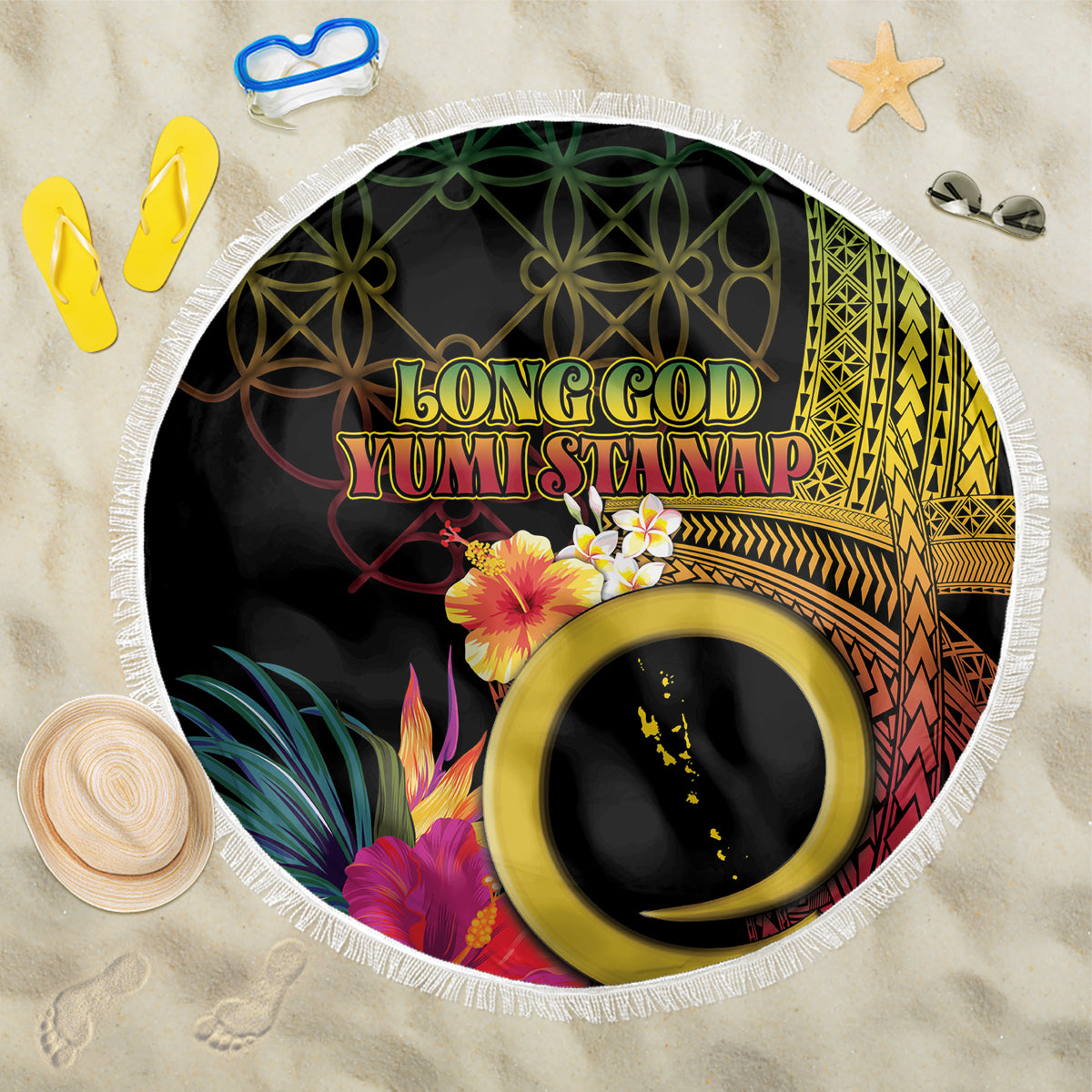 Vanuatu Independence Day Beach Blanket Sand Drawing Melanesian Vibes LT03 One Size 150cm Black - Polynesian Pride