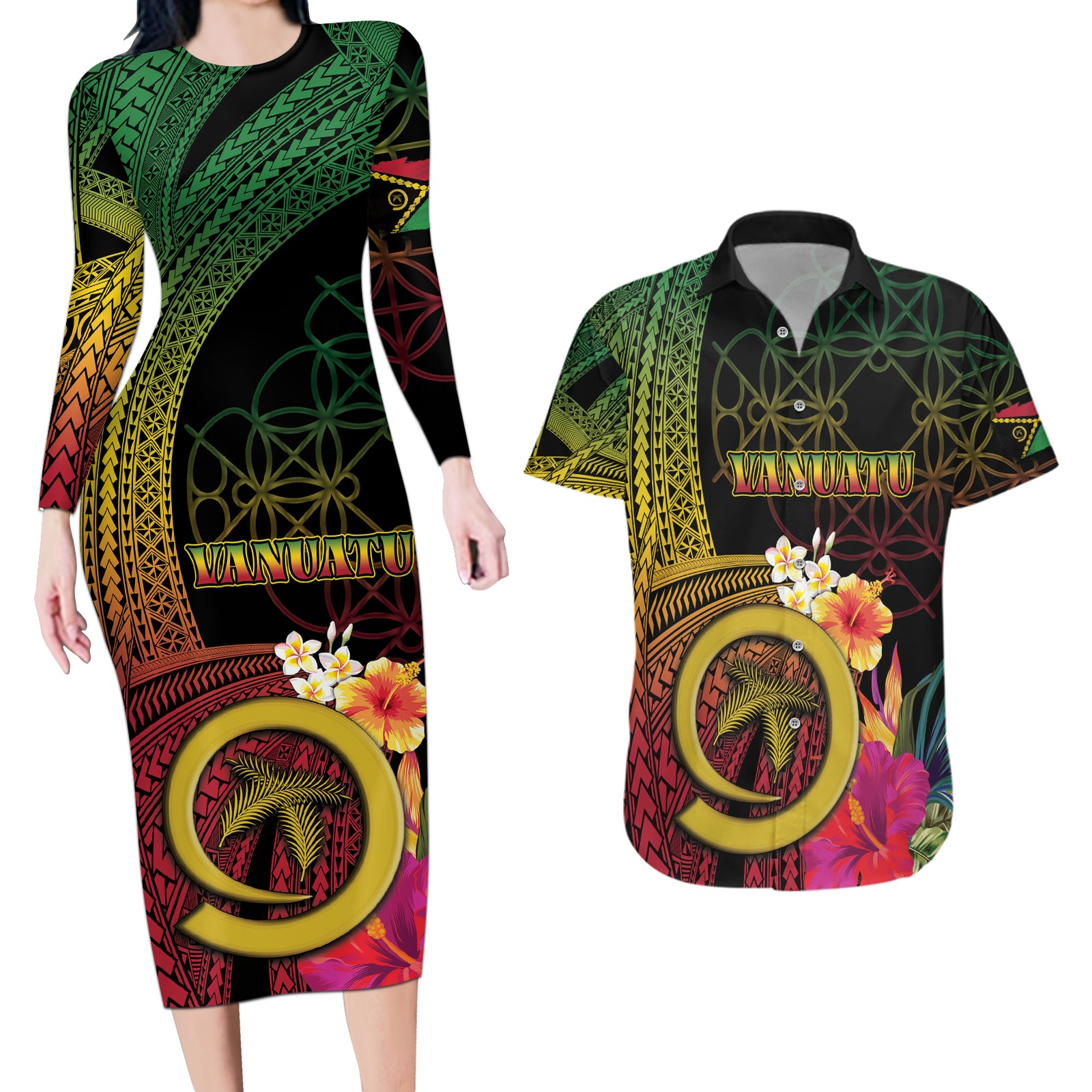 Vanuatu Independence Day Couples Matching Long Sleeve Bodycon Dress and Hawaiian Shirt Sand Drawing Melanesian Vibes LT03 Black - Polynesian Pride