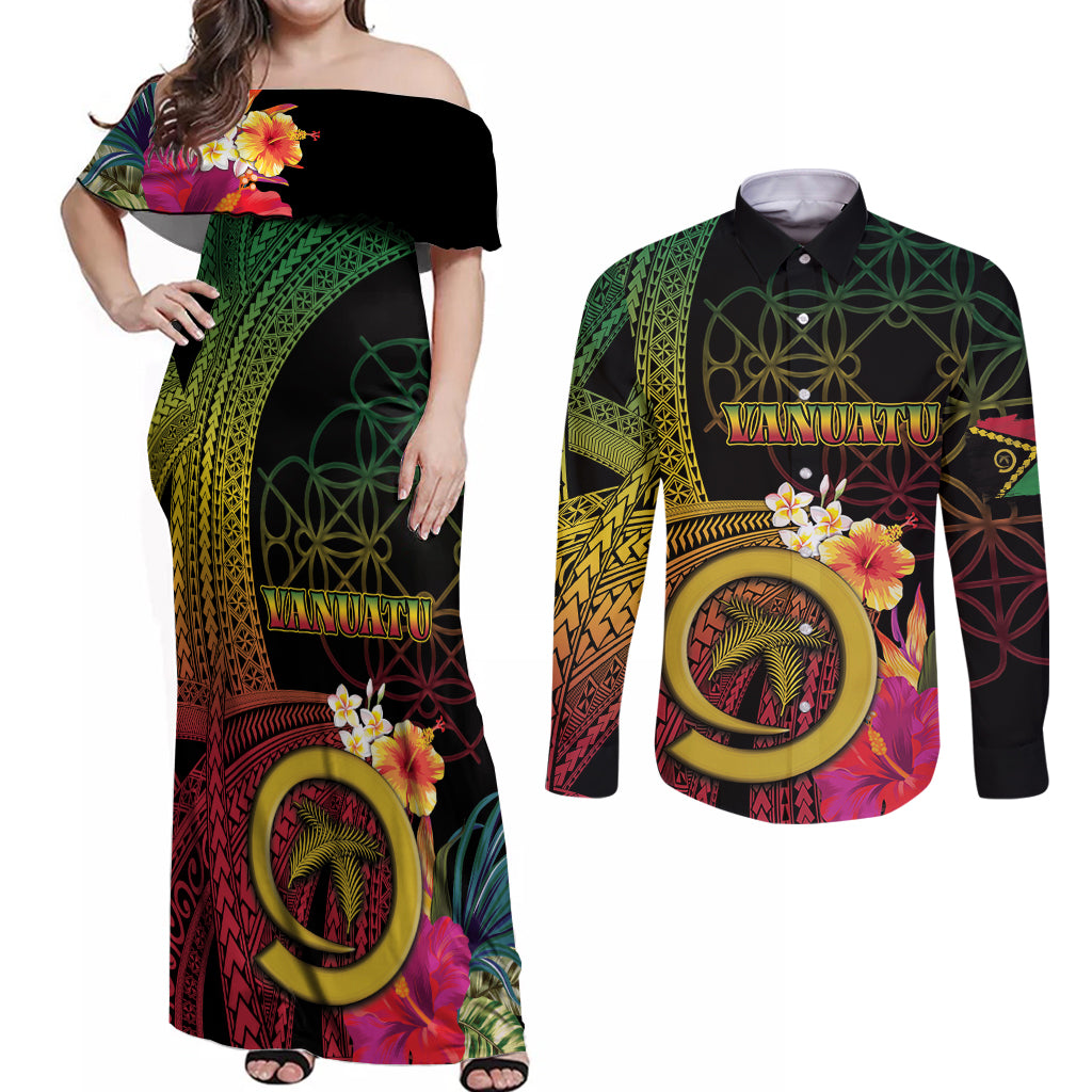 Vanuatu Independence Day Couples Matching Off Shoulder Maxi Dress and Long Sleeve Button Shirt Sand Drawing Melanesian Vibes LT03 Black - Polynesian Pride