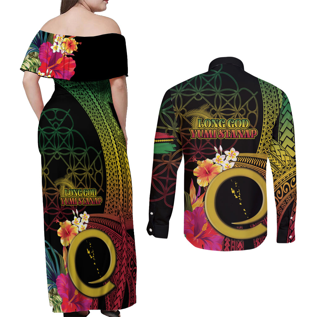 Vanuatu Independence Day Couples Matching Off Shoulder Maxi Dress and Long Sleeve Button Shirt Sand Drawing Melanesian Vibes LT03 - Polynesian Pride