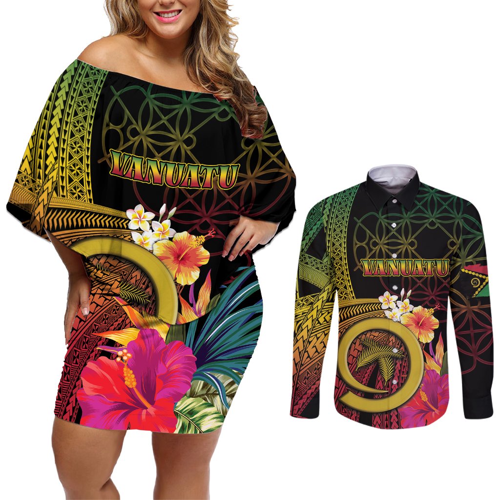 Vanuatu Independence Day Couples Matching Off Shoulder Short Dress and Long Sleeve Button Shirt Sand Drawing Melanesian Vibes LT03 Black - Polynesian Pride