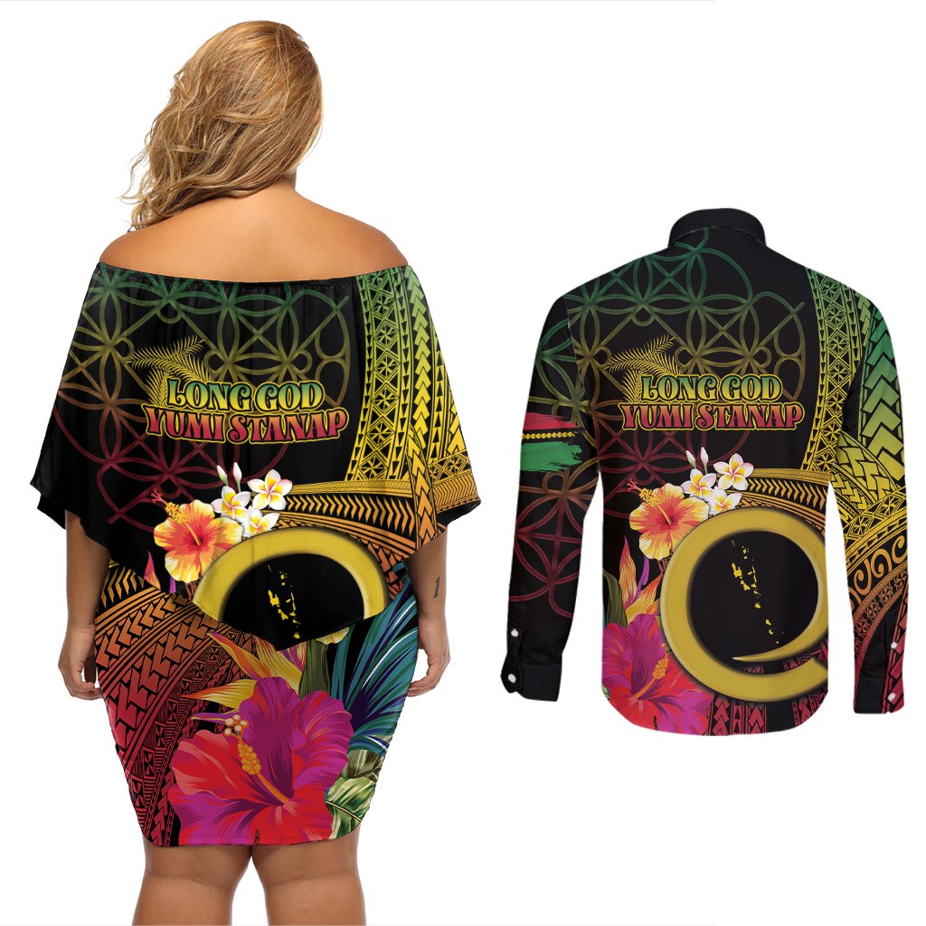 Vanuatu Independence Day Couples Matching Off Shoulder Short Dress and Long Sleeve Button Shirt Sand Drawing Melanesian Vibes LT03 - Polynesian Pride