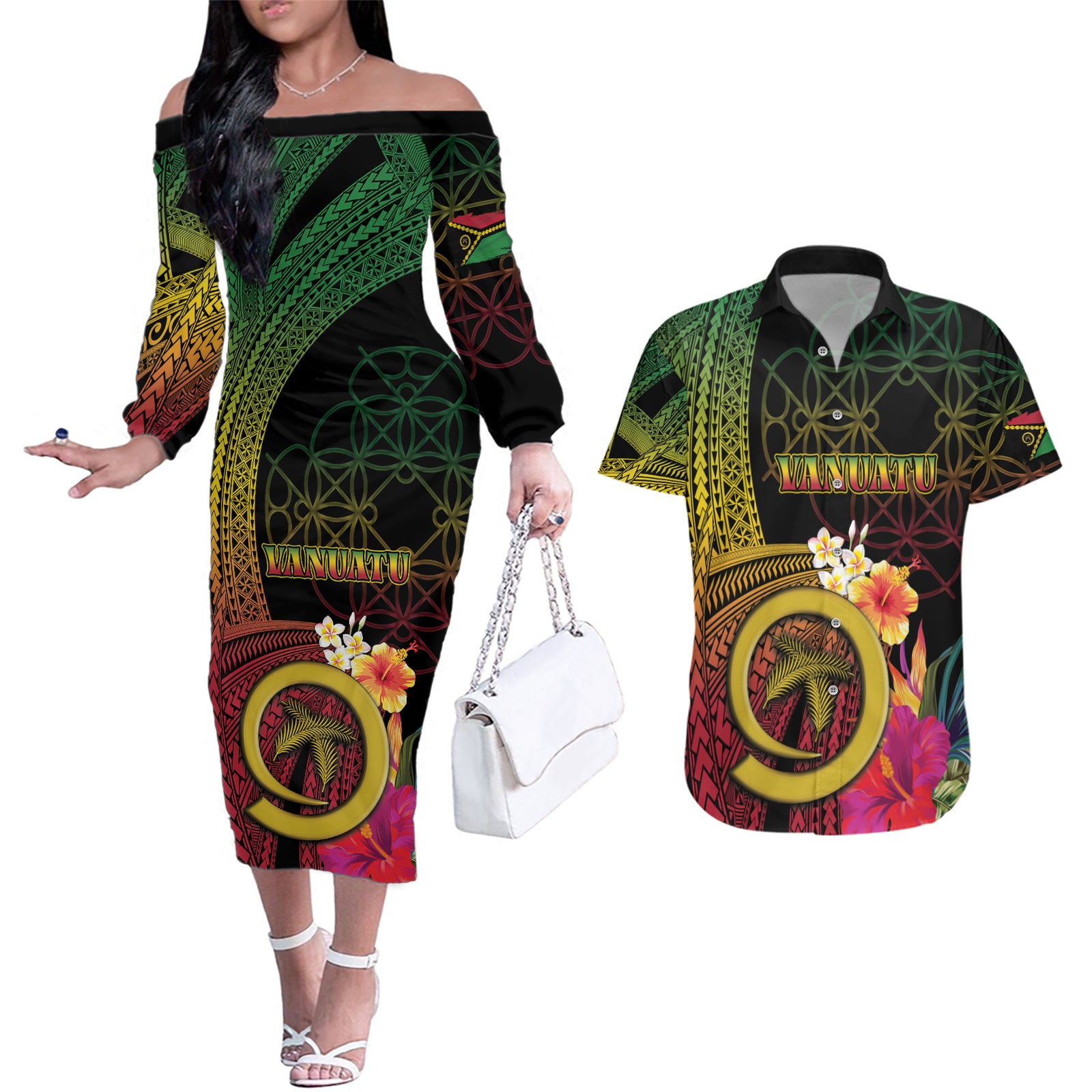 Vanuatu Independence Day Couples Matching Off The Shoulder Long Sleeve Dress and Hawaiian Shirt Sand Drawing Melanesian Vibes LT03 Black - Polynesian Pride