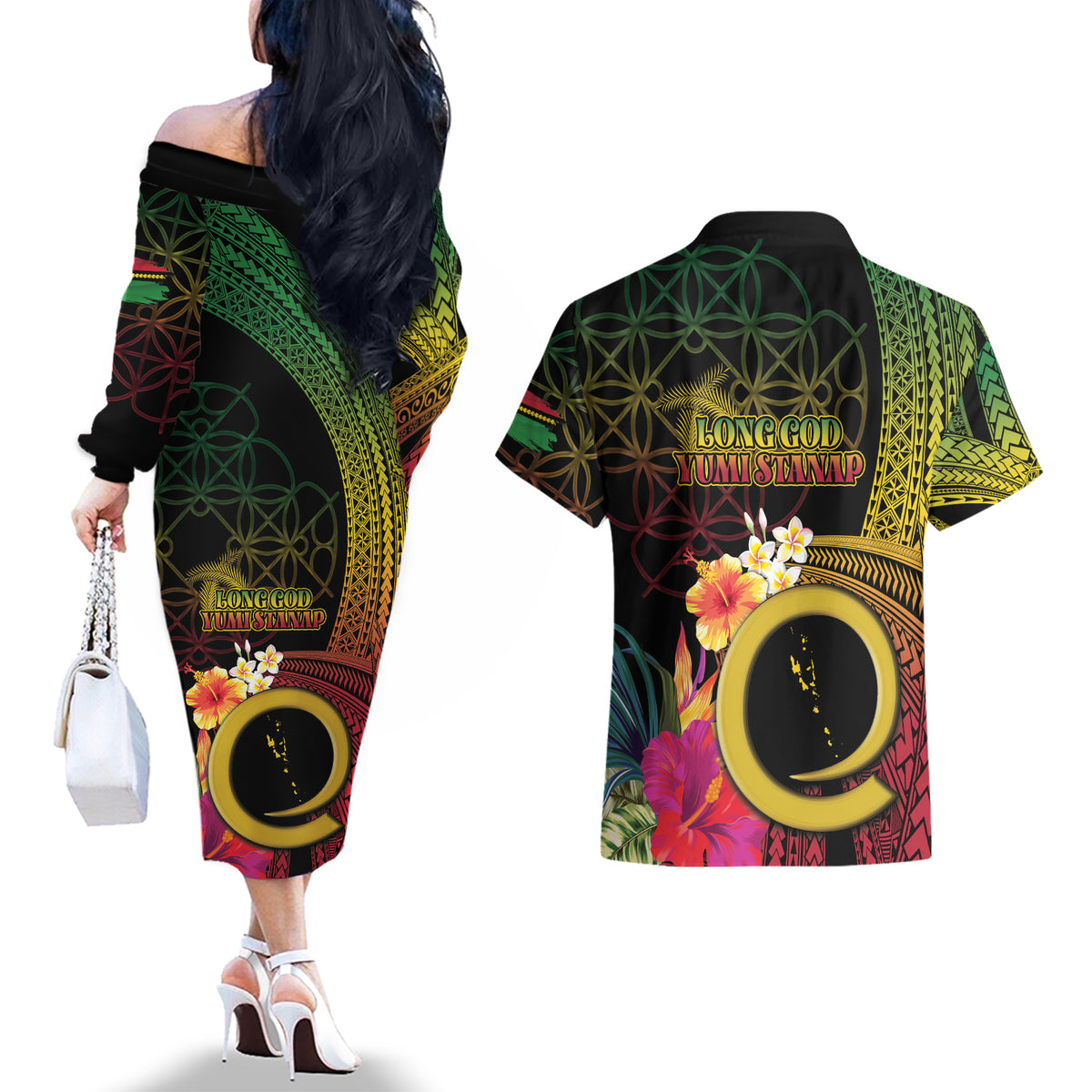 Vanuatu Independence Day Couples Matching Off The Shoulder Long Sleeve Dress and Hawaiian Shirt Sand Drawing Melanesian Vibes LT03 - Polynesian Pride