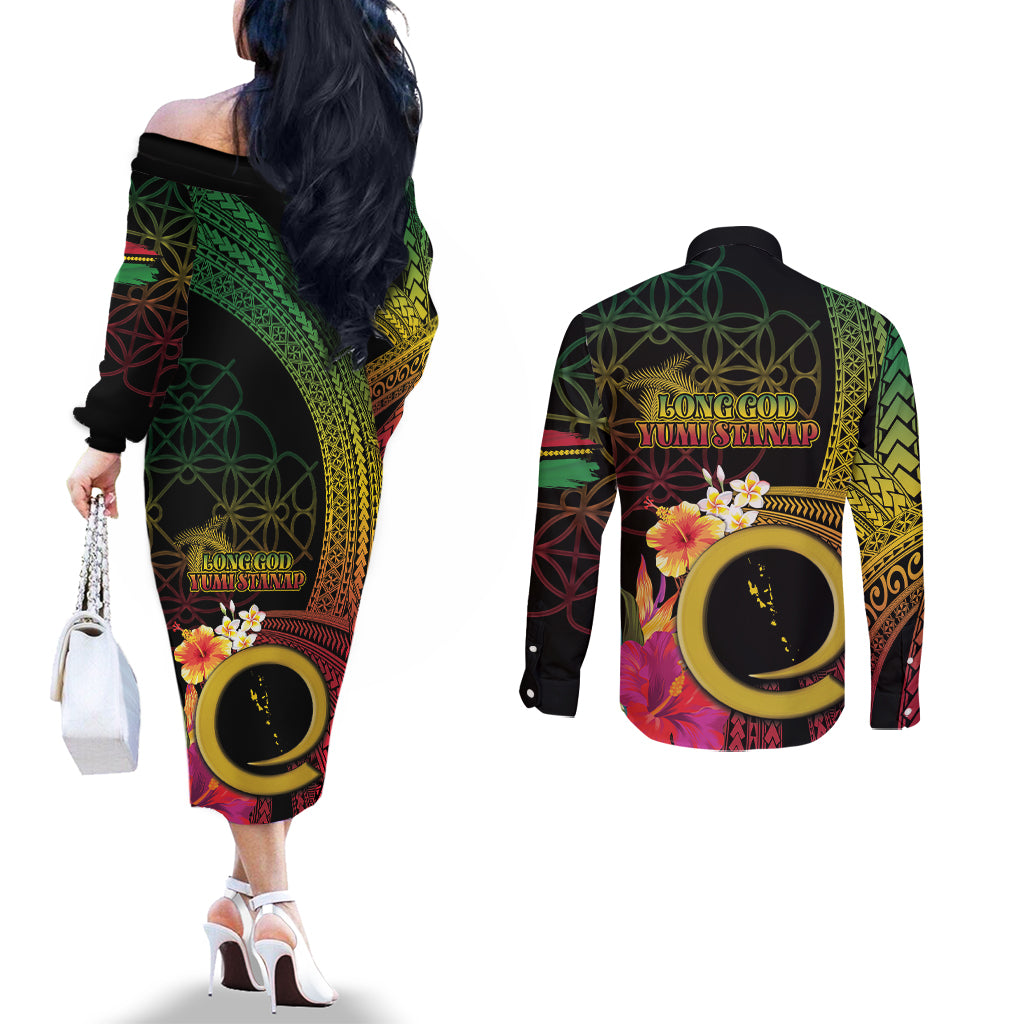 Vanuatu Independence Day Couples Matching Off The Shoulder Long Sleeve Dress and Long Sleeve Button Shirt Sand Drawing Melanesian Vibes