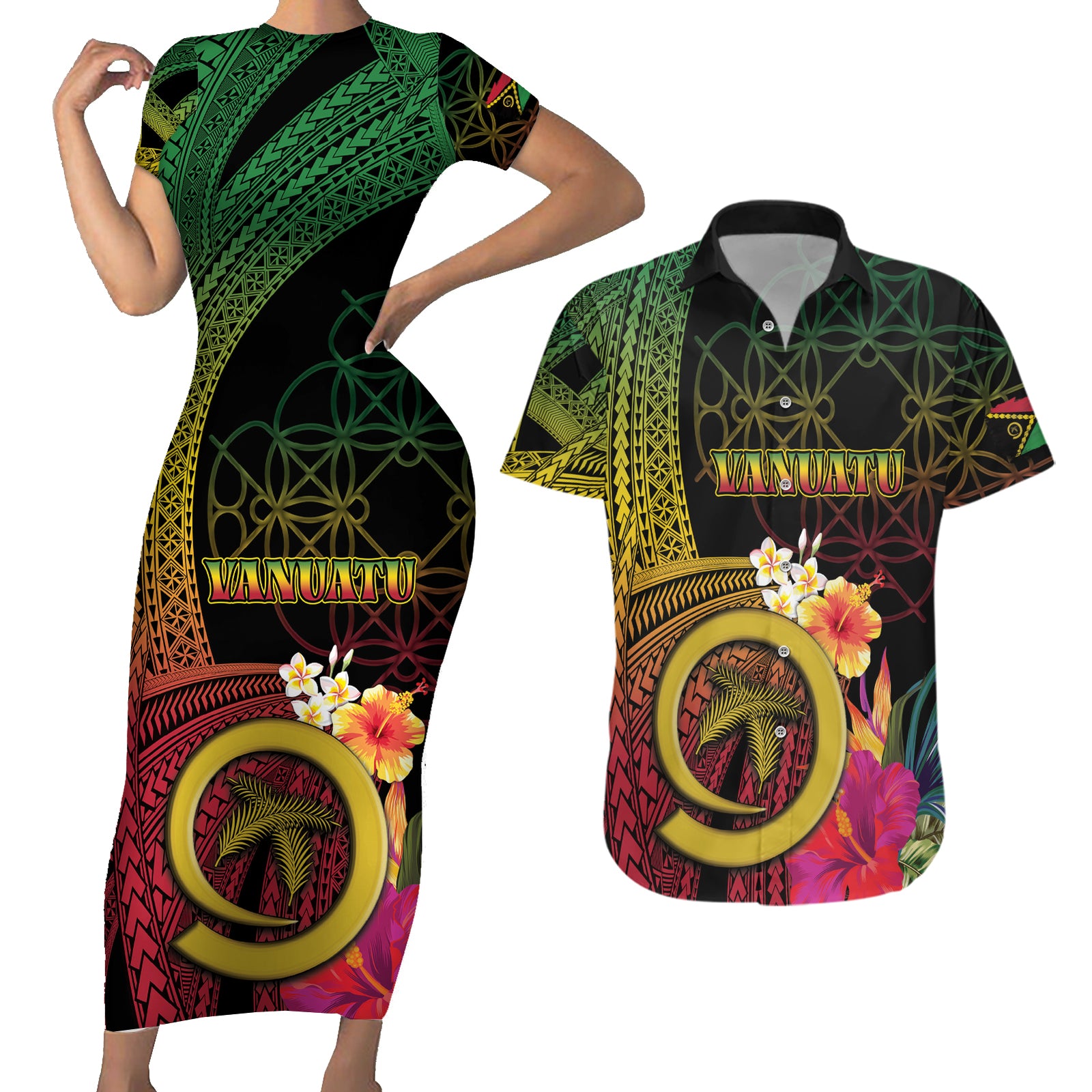 Vanuatu Independence Day Couples Matching Short Sleeve Bodycon Dress and Hawaiian Shirt Sand Drawing Melanesian Vibes LT03 Black - Polynesian Pride