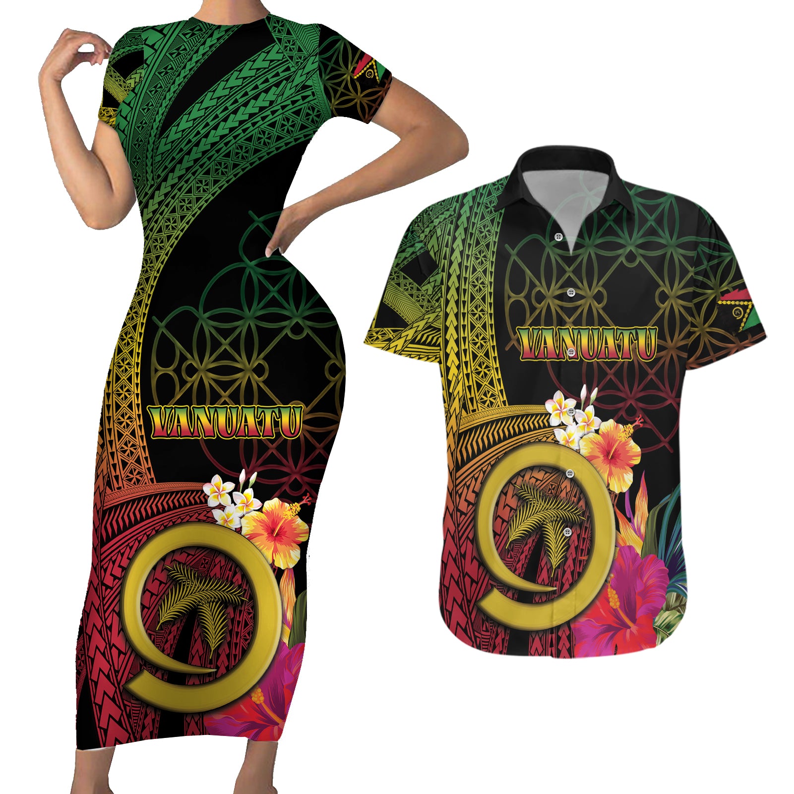 Vanuatu Independence Day Couples Matching Short Sleeve Bodycon Dress and Hawaiian Shirt Sand Drawing Melanesian Vibes