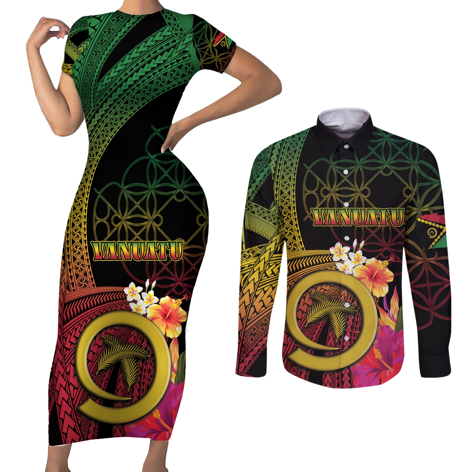 Vanuatu Independence Day Couples Matching Short Sleeve Bodycon Dress and Long Sleeve Button Shirt Sand Drawing Melanesian Vibes LT03 Black - Polynesian Pride
