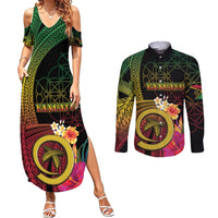 Vanuatu Independence Day Couples Matching Summer Maxi Dress and Long Sleeve Button Shirt Sand Drawing Melanesian Vibes LT03 Black - Polynesian Pride