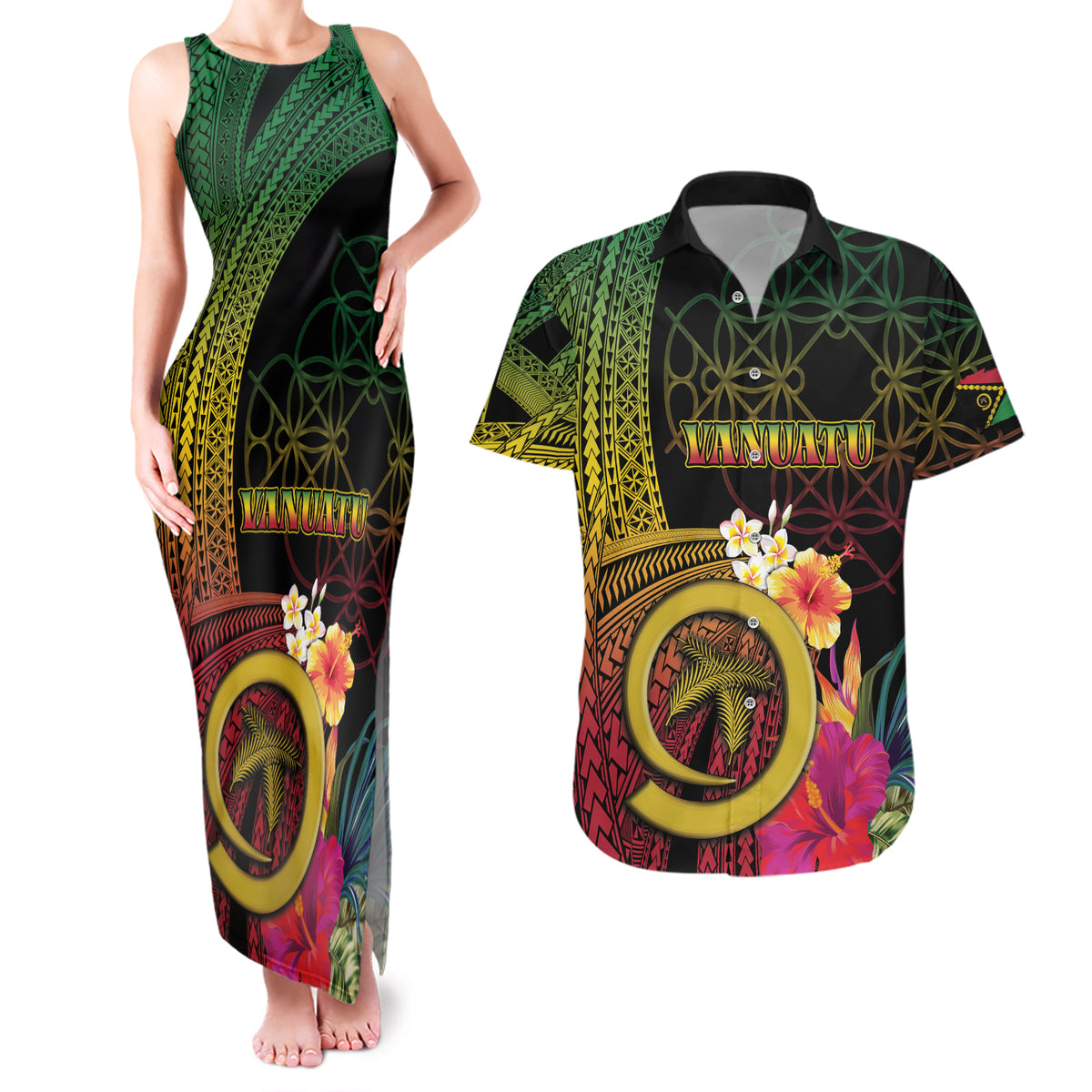 Vanuatu Independence Day Couples Matching Tank Maxi Dress and Hawaiian Shirt Sand Drawing Melanesian Vibes