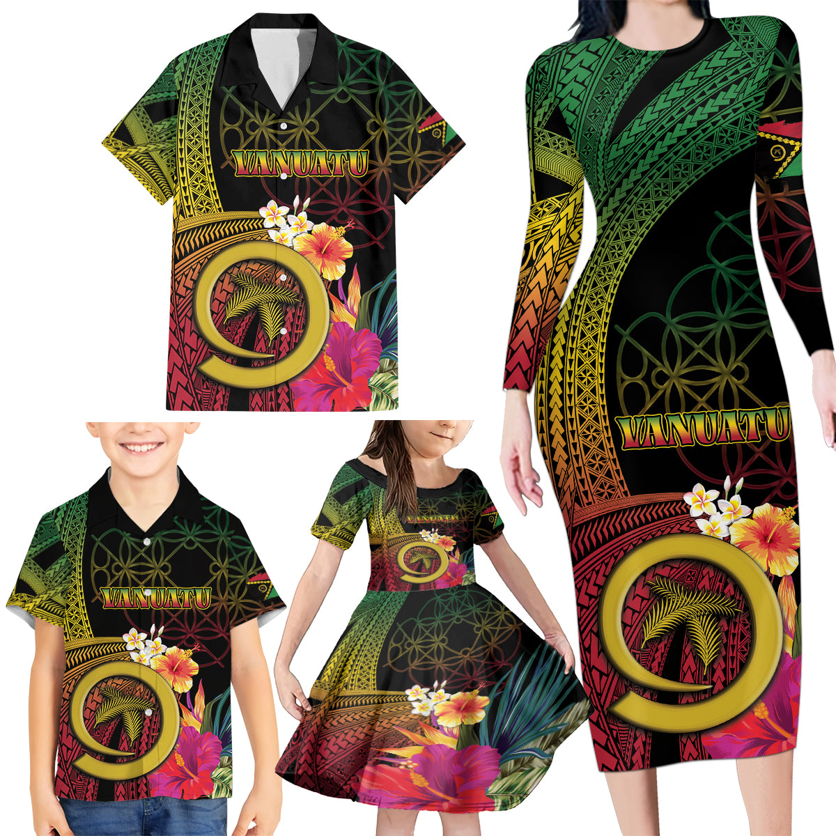 Vanuatu Independence Day Family Matching Long Sleeve Bodycon Dress and Hawaiian Shirt Sand Drawing Melanesian Vibes