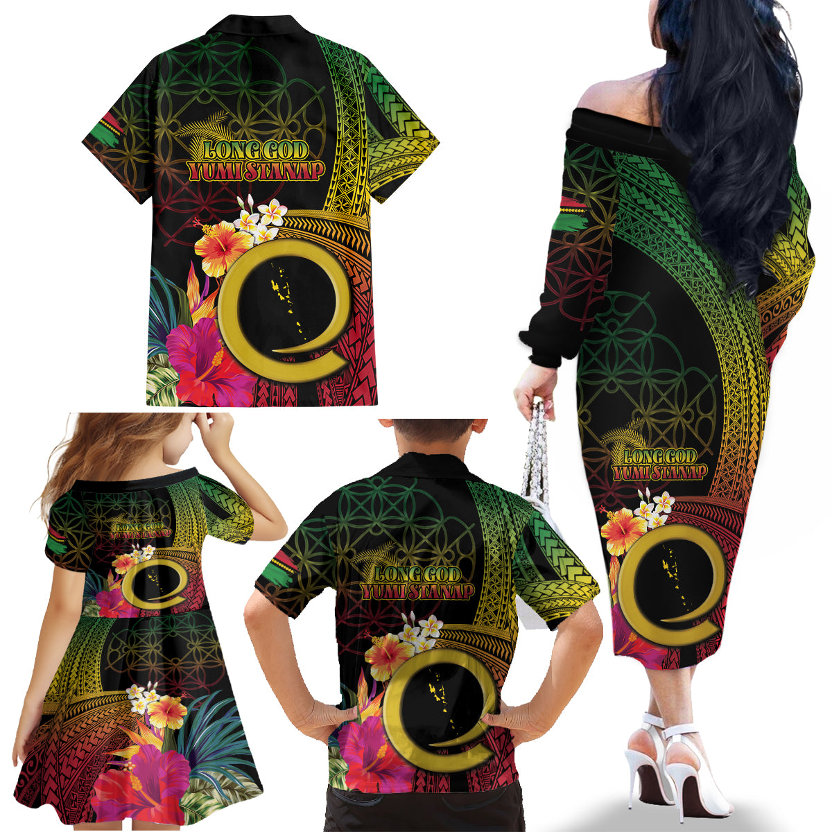 Vanuatu Independence Day Family Matching Off The Shoulder Long Sleeve Dress and Hawaiian Shirt Sand Drawing Melanesian Vibes
