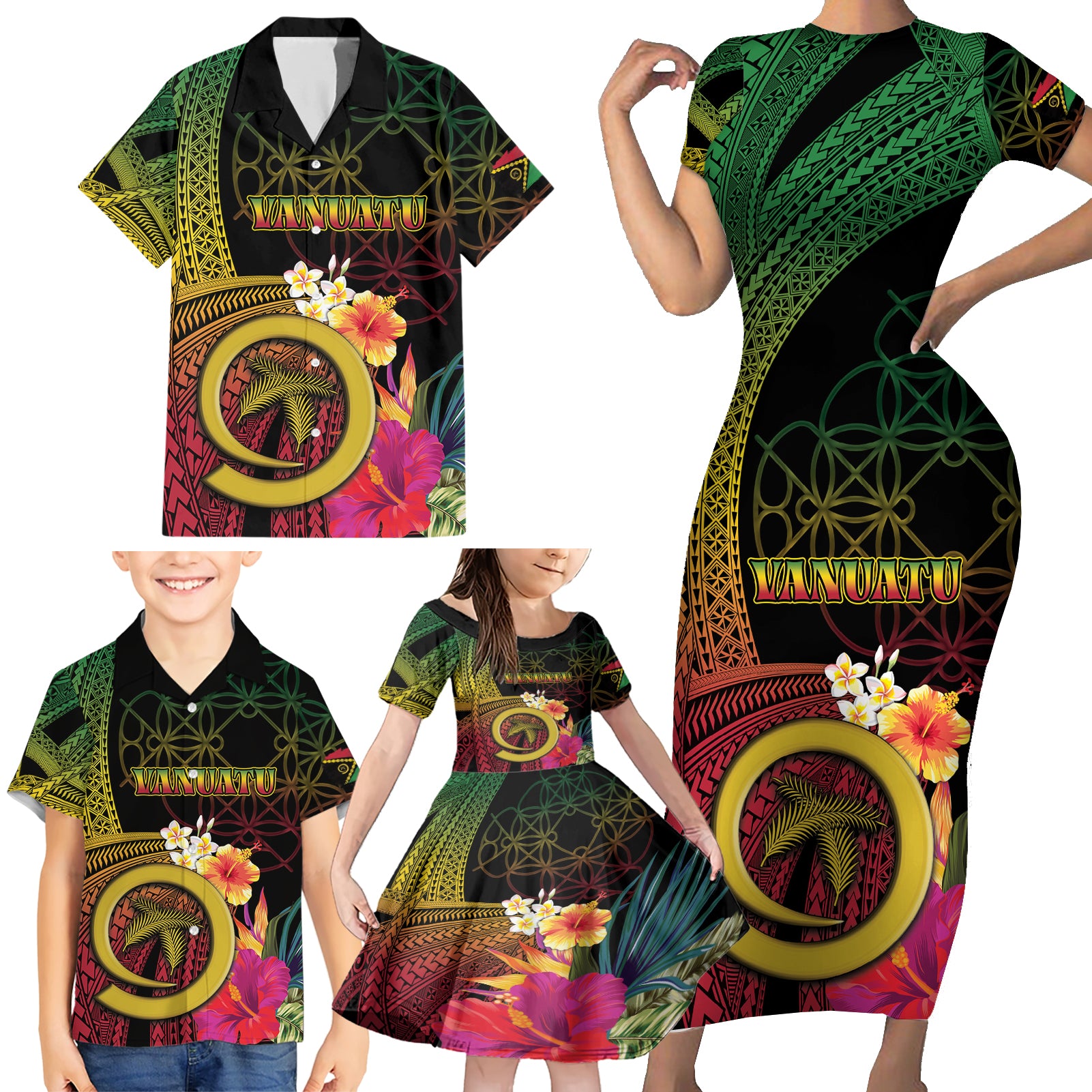 Vanuatu Independence Day Family Matching Short Sleeve Bodycon Dress and Hawaiian Shirt Sand Drawing Melanesian Vibes