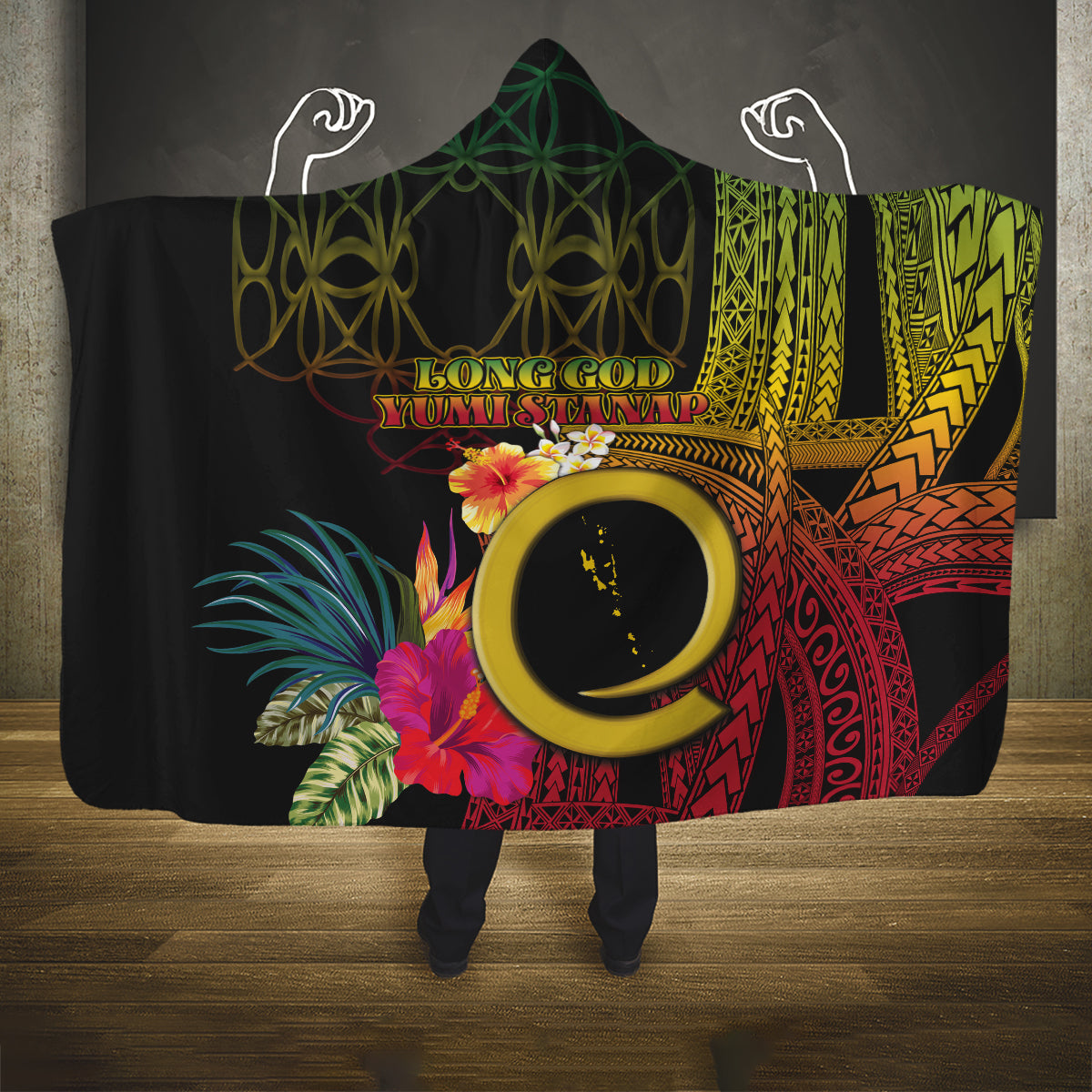 Vanuatu Independence Day Hooded Blanket Sand Drawing Melanesian Vibes LT03 One Size Black - Polynesian Pride