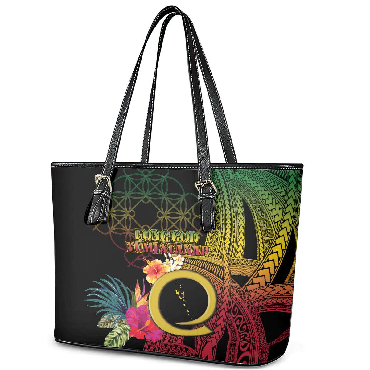 Vanuatu Independence Day Leather Tote Bag Sand Drawing Melanesian Vibes