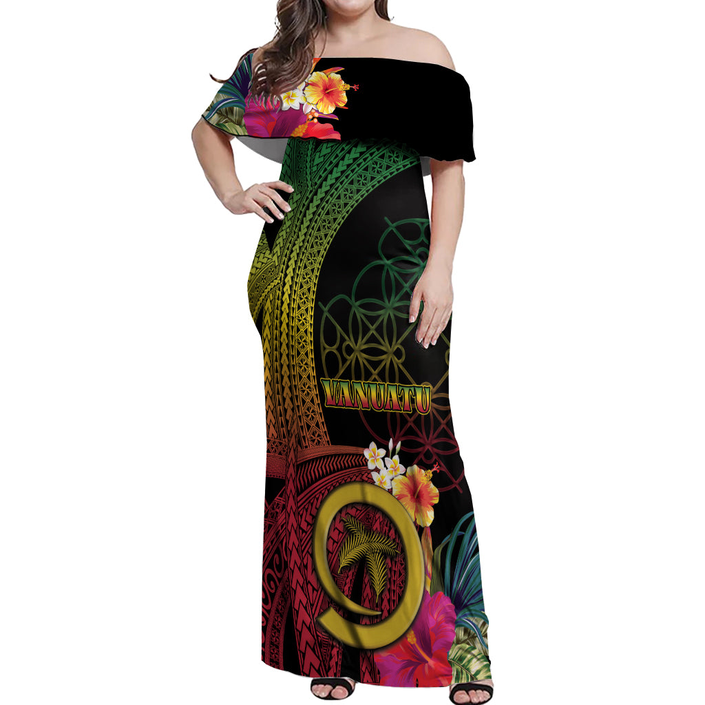 Vanuatu Independence Day Off Shoulder Maxi Dress Sand Drawing Melanesian Vibes LT03 Women Black - Polynesian Pride