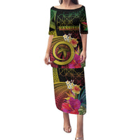Vanuatu Independence Day Puletasi Sand Drawing Melanesian Vibes LT03 Long Dress Black - Polynesian Pride