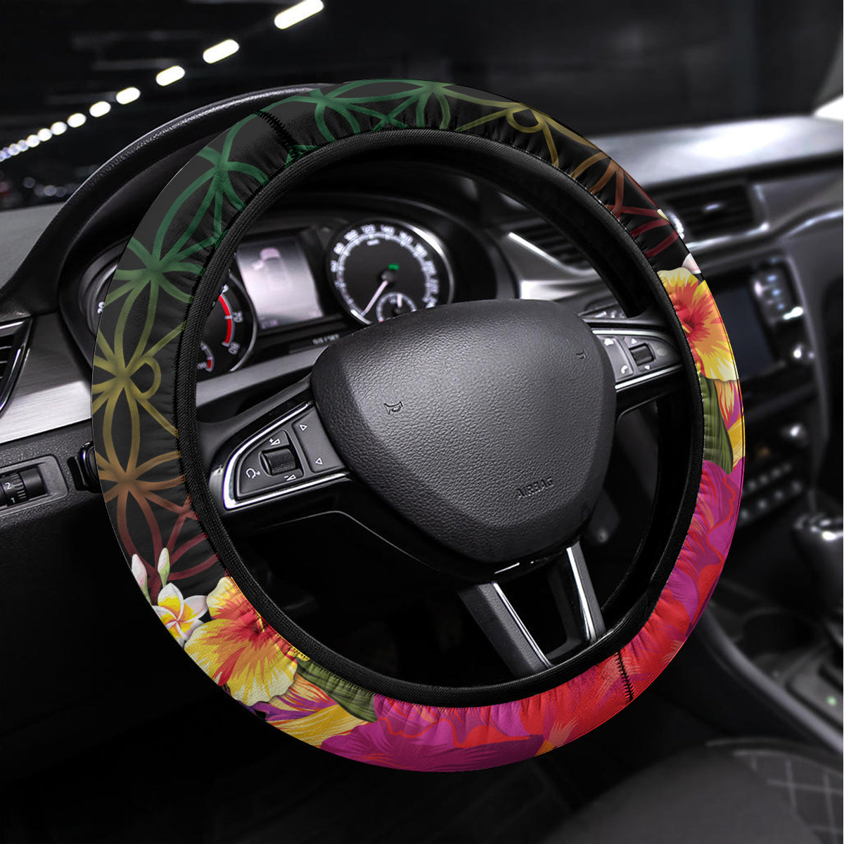 Vanuatu Independence Day Steering Wheel Cover Sand Drawing Melanesian Vibes LT03 Universal Fit Black - Polynesian Pride