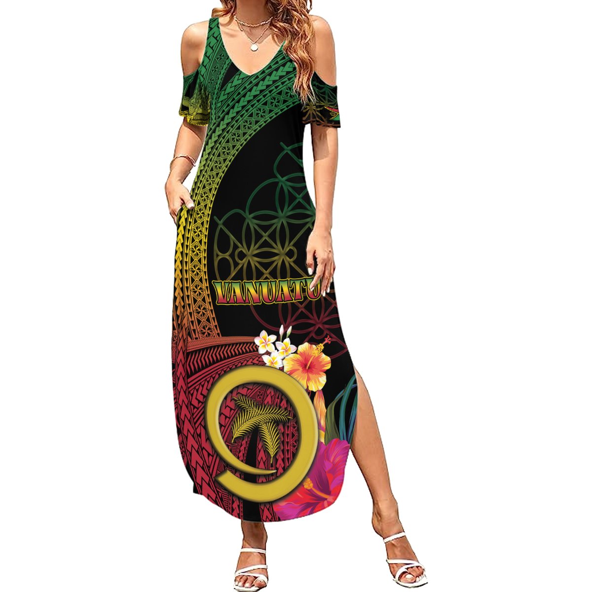 Vanuatu Independence Day Summer Maxi Dress Sand Drawing Melanesian Vibes LT03 Women Black - Polynesian Pride