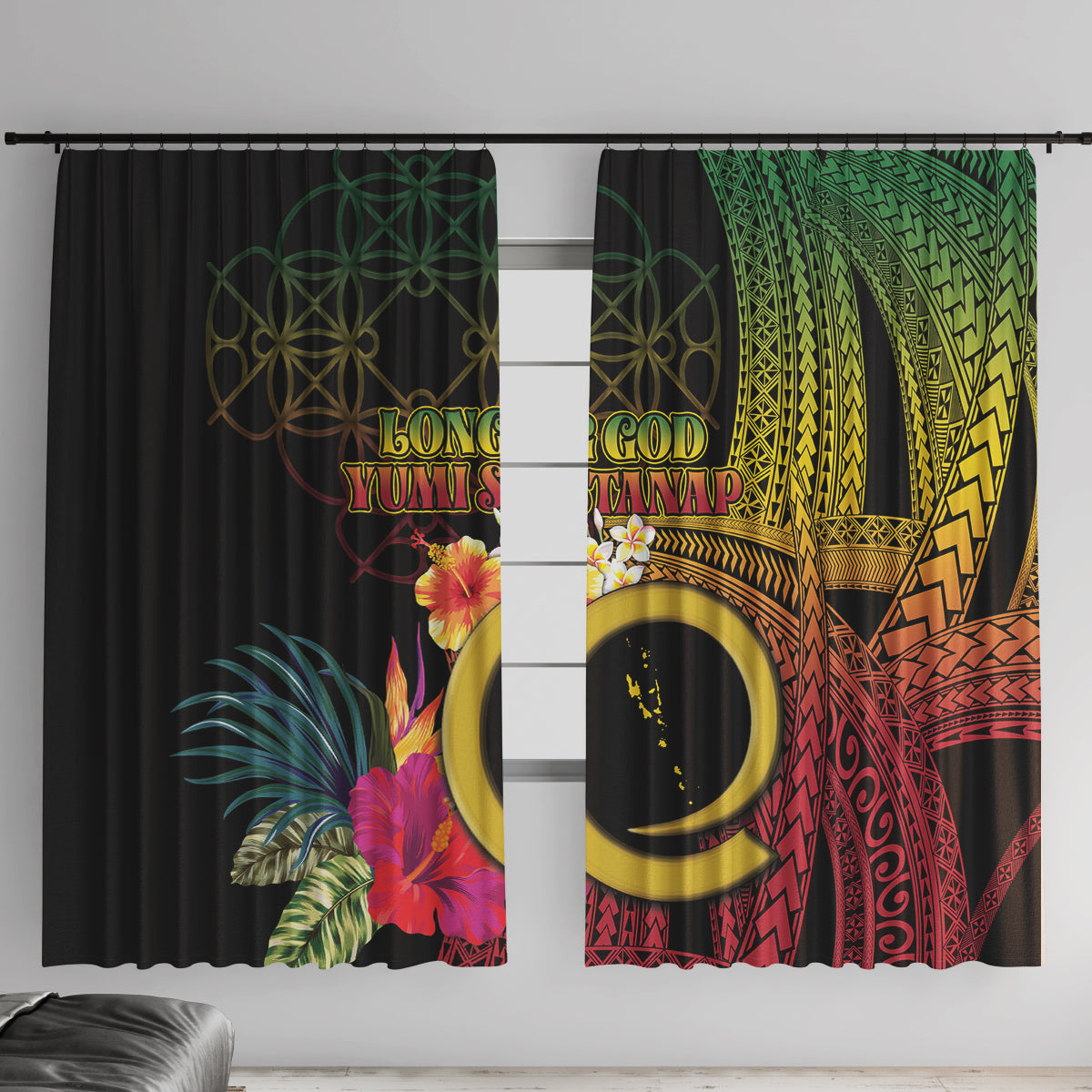 Vanuatu Independence Day Window Curtain Sand Drawing Melanesian Vibes LT03 With Hooks Black - Polynesian Pride
